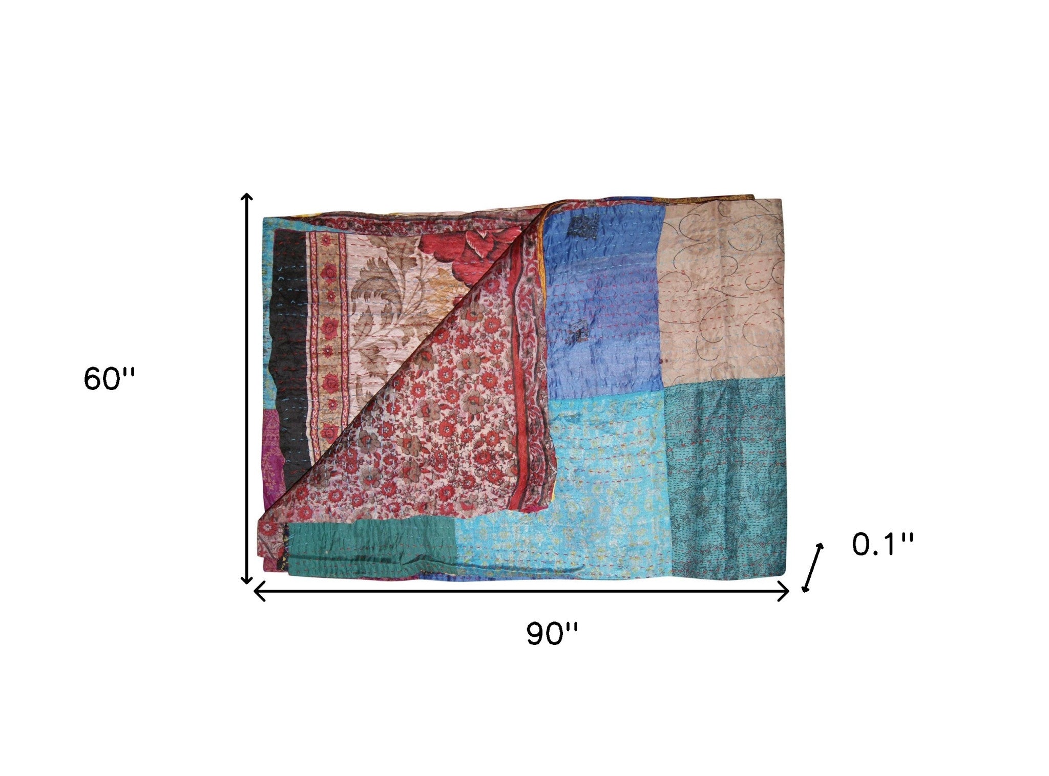 60" X 90" Blue Brown And Green Patchwork Cotton Quilted Kantha Throw Blanket with Embroidery-Throws & Blankets-DECOROLALA