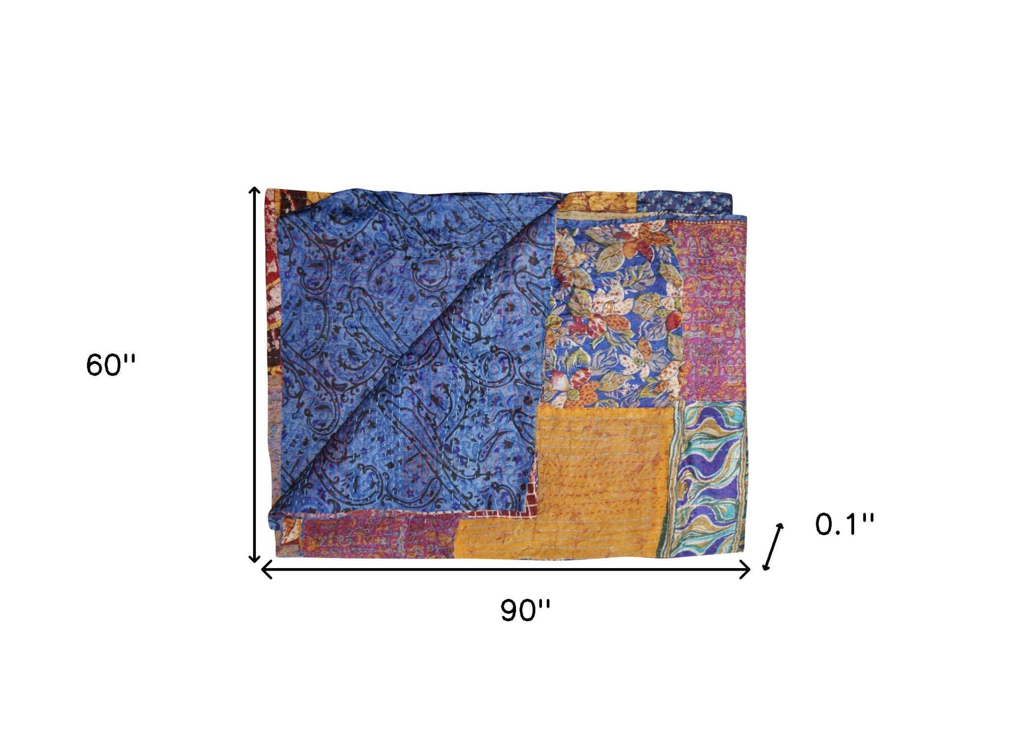 60" X 90" Blue Brown And Green Patchwork Cotton Quilted Kantha Throw Blanket with Embroidery-Throws & Blankets-DECOROLALA