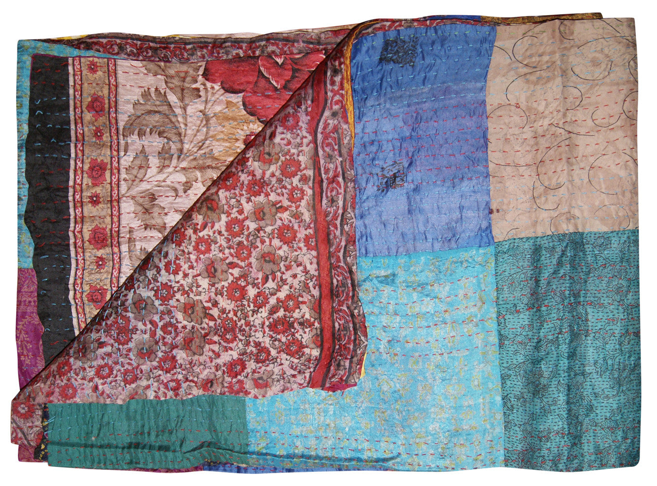 60" X 90" Blue Brown And Green Patchwork Cotton Quilted Kantha Throw Blanket with Embroidery-Throws & Blankets-DECOROLALA