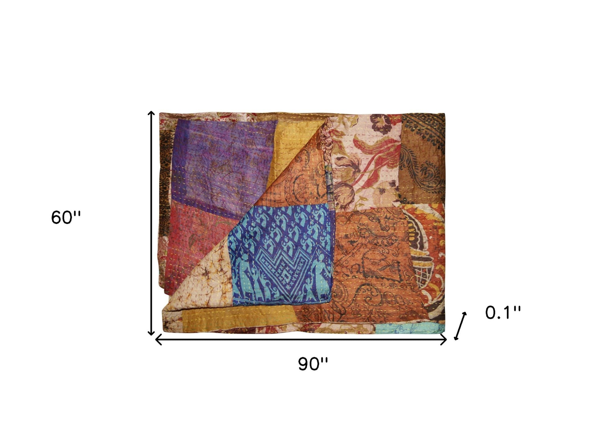 60" X 90" Blue Brown And Green Patchwork Cotton Quilted Kantha Throw Blanket with Embroidery-Throws & Blankets-DECOROLALA