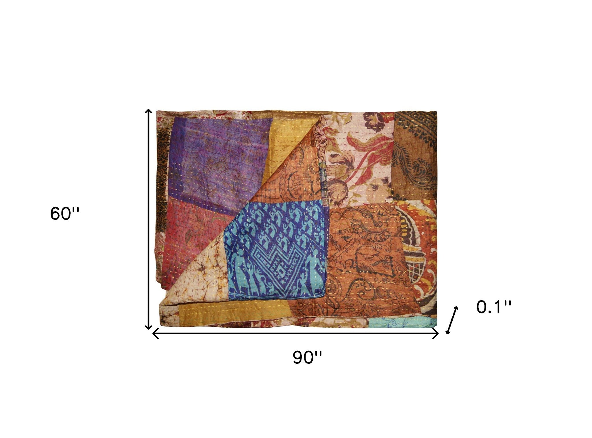 60" X 90" Blue Brown And Green Patchwork Cotton Quilted Kantha Throw Blanket with Embroidery-Throws & Blankets-DECOROLALA