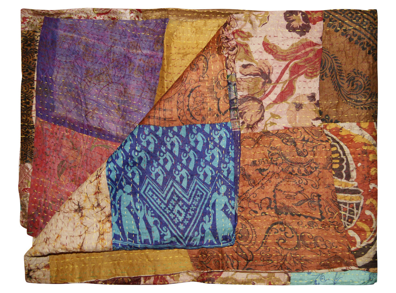 60" X 90" Blue Brown And Green Patchwork Cotton Quilted Kantha Throw Blanket with Embroidery-Throws & Blankets-DECOROLALA