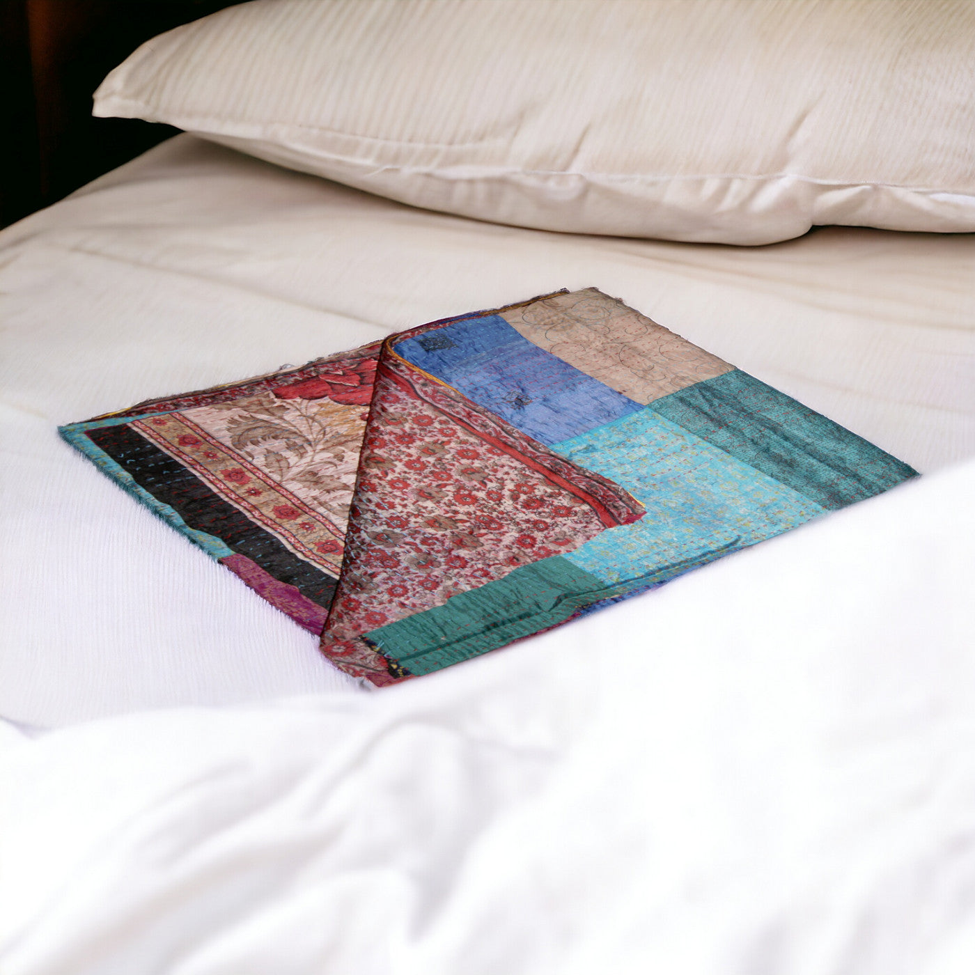 60" X 90" Blue Brown And Green Patchwork Cotton Quilted Kantha Throw Blanket with Embroidery-Throws & Blankets-DECOROLALA