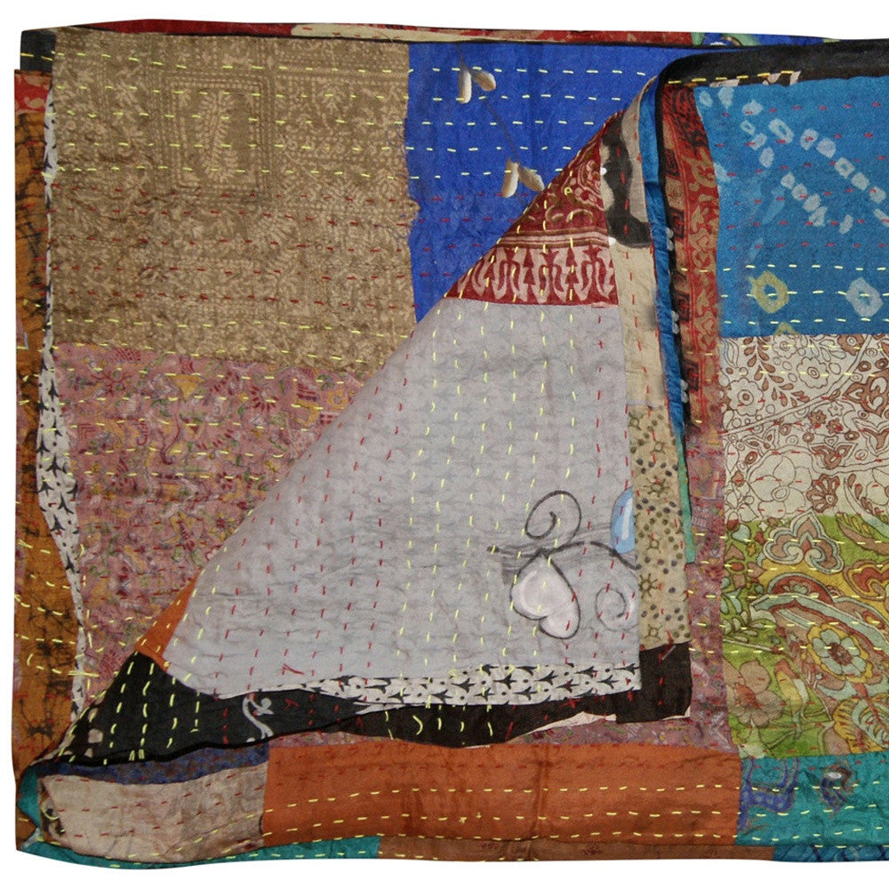 60" X 90" Blue Brown And Green Patchwork Cotton Quilted Kantha Throw Blanket with Embroidery-Throws & Blankets-DECOROLALA