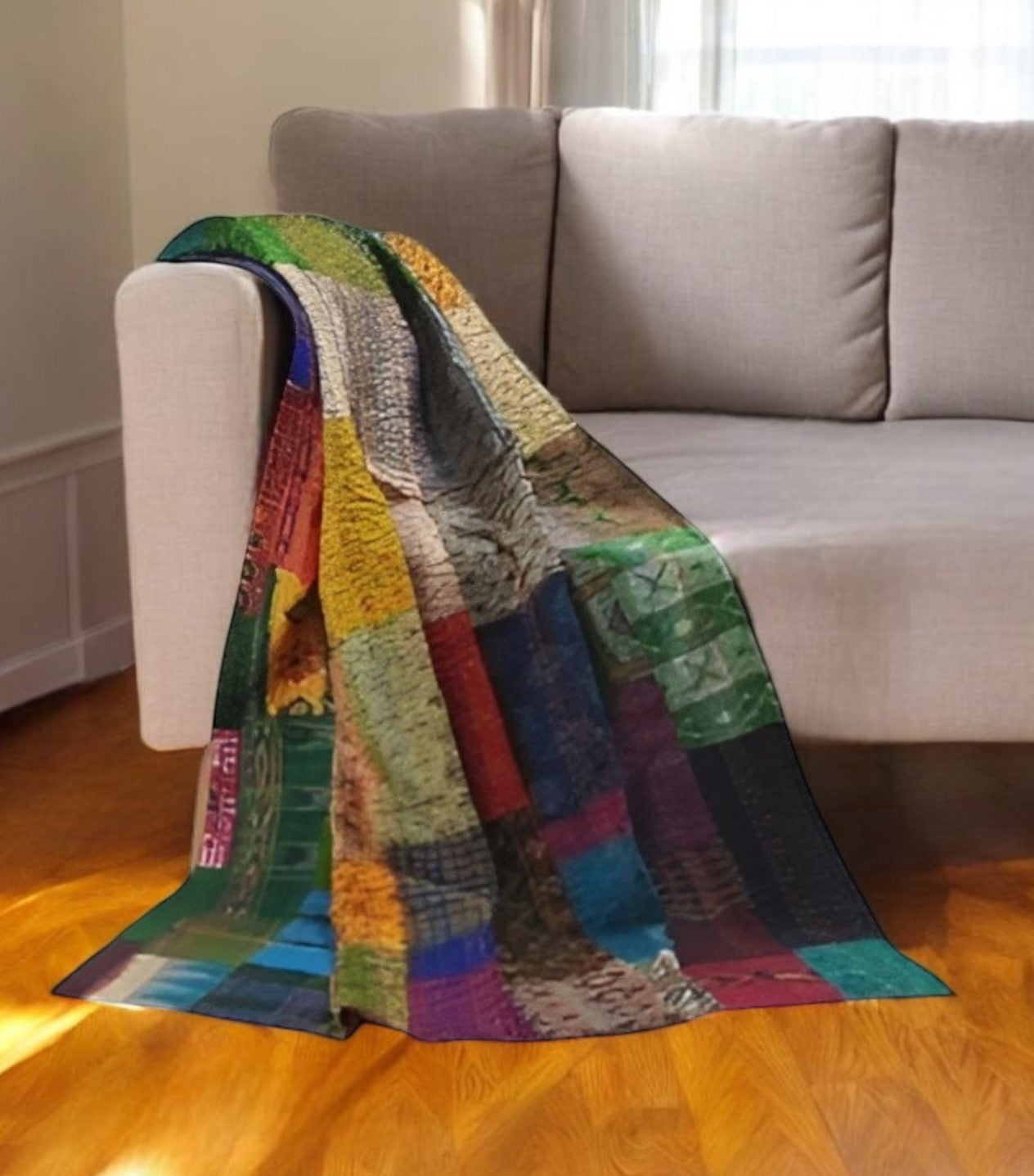 60" X 90" Blue Brown And Green Patchwork Cotton Quilted Kantha Throw Blanket with Embroidery-Throws & Blankets-DECOROLALA