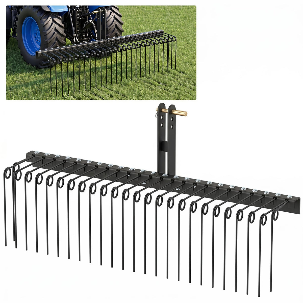 60 inch Pine Straw Rake Tow Behind Landscape Rake with 26 Metal Coil Tines-Black-Lawn Care Tools-DECOROLALA
