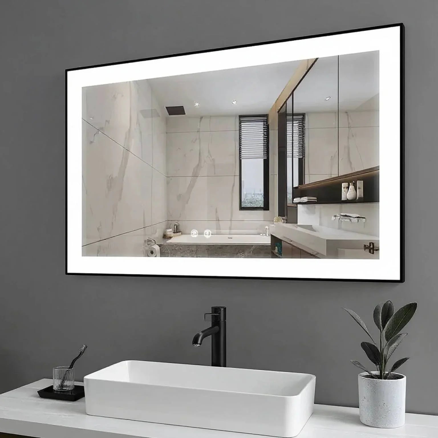60" x 28" LED Bathroom Mirror with Matte Black Aluminum Frame - Hardwired Anti-Fog Smart Mirror with Frosted Edge Glow, Dimming Control & 6000K Backlit Lighting-Migration_Mirrors-DECOROLALA