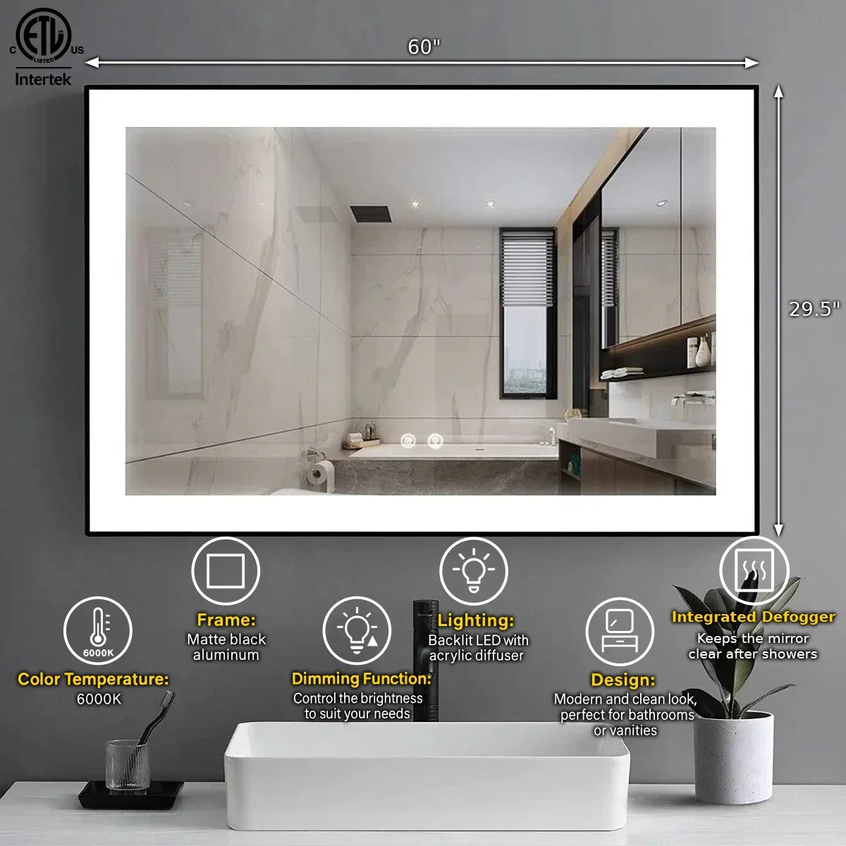 60" x 28" LED Bathroom Mirror with Matte Black Aluminum Frame - Hardwired Anti-Fog Smart Mirror with Frosted Edge Glow, Dimming Control & 6000K Backlit Lighting-Migration_Mirrors-DECOROLALA