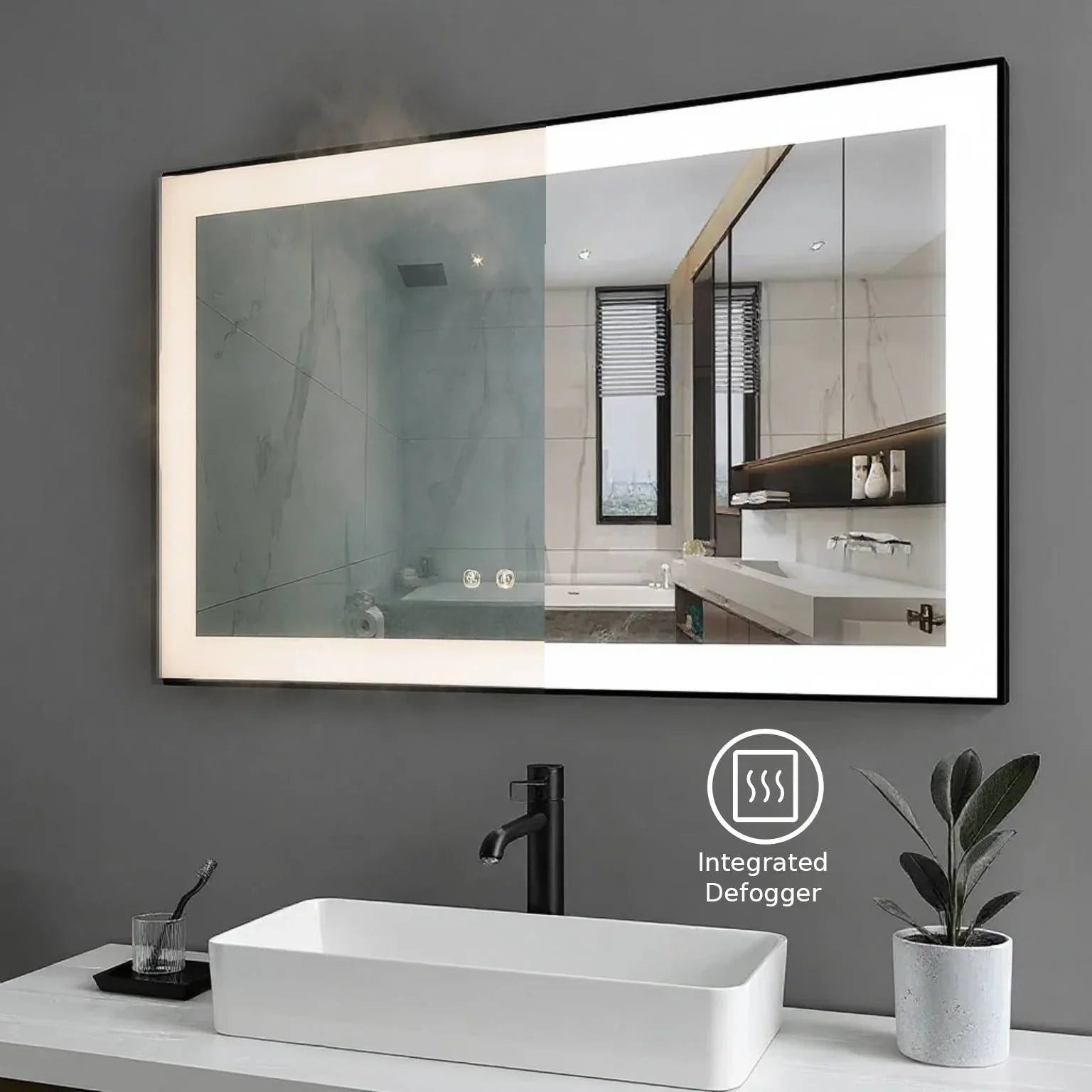 60" x 28" LED Bathroom Mirror with Matte Black Aluminum Frame - Hardwired Anti-Fog Smart Mirror with Frosted Edge Glow, Dimming Control & 6000K Backlit Lighting-Migration_Mirrors-DECOROLALA