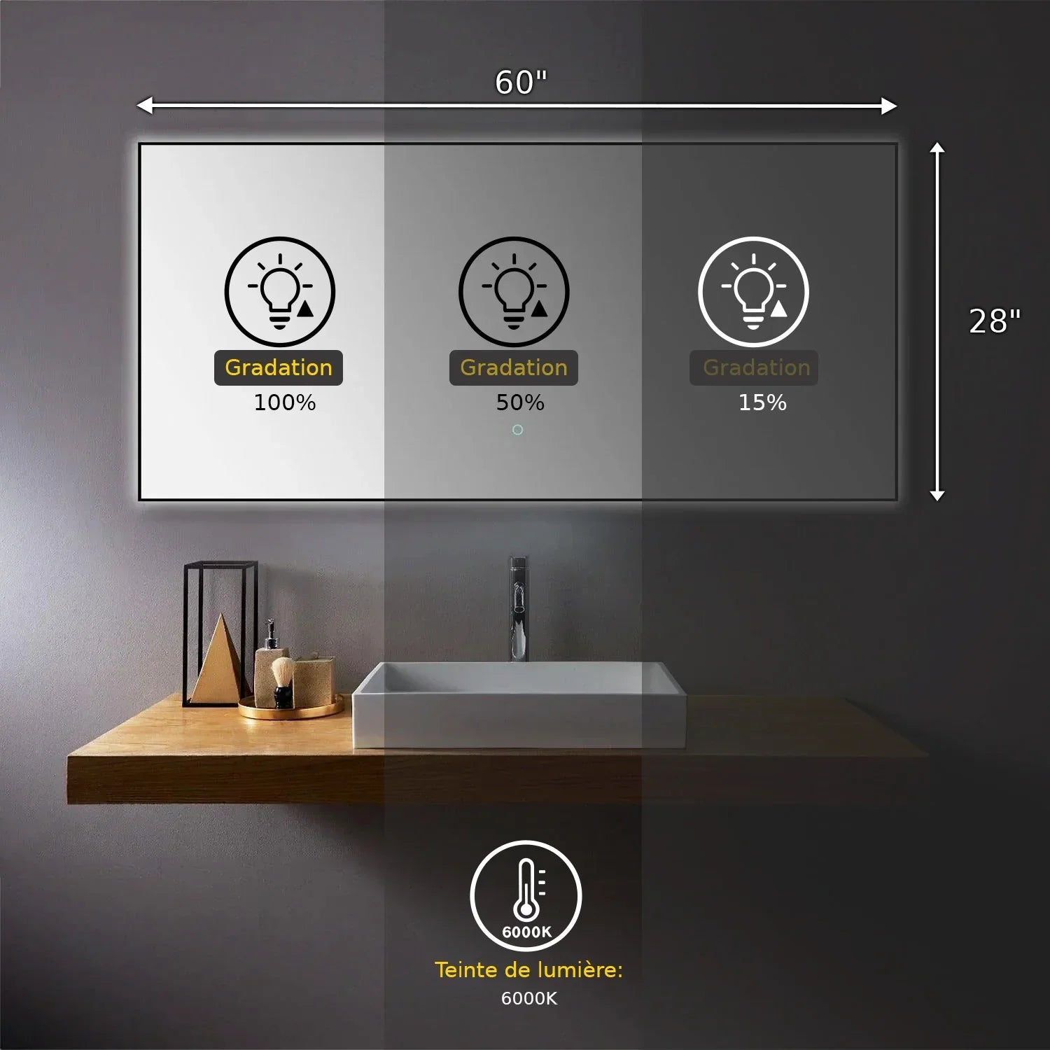 60" x 28" Premium LED Bathroom Mirror with Matte Black Aluminum Frame - Anti-Fog Smart Mirror with Adaptive Dimming Control, 6000K Cool White Lighting & Compact Illumination Design-Migration_Mirrors-DECOROLALA