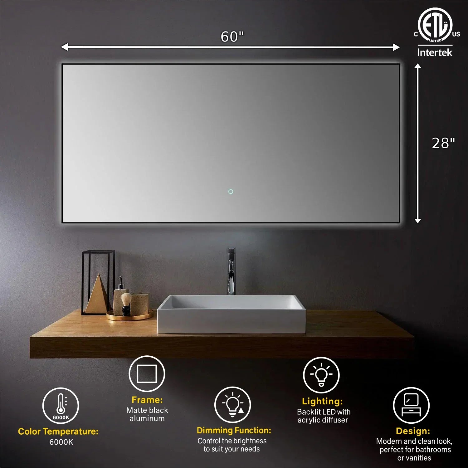60" x 28" Premium LED Bathroom Mirror with Matte Black Aluminum Frame - Anti-Fog Smart Mirror with Adaptive Dimming Control, 6000K Cool White Lighting & Compact Illumination Design-Migration_Mirrors-DECOROLALA