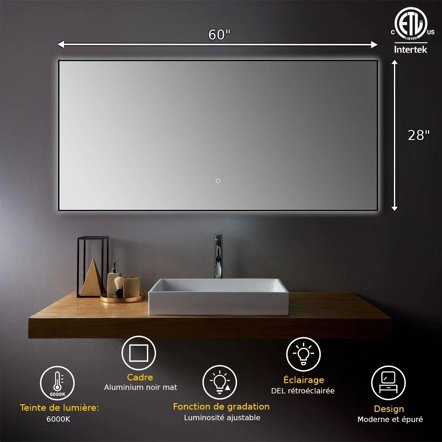 60" x 28" Premium LED Bathroom Mirror with Matte Black Aluminum Frame - Anti-Fog Smart Mirror with Adaptive Dimming Control, 6000K Cool White Lighting & Compact Illumination Design-Migration_Mirrors-DECOROLALA
