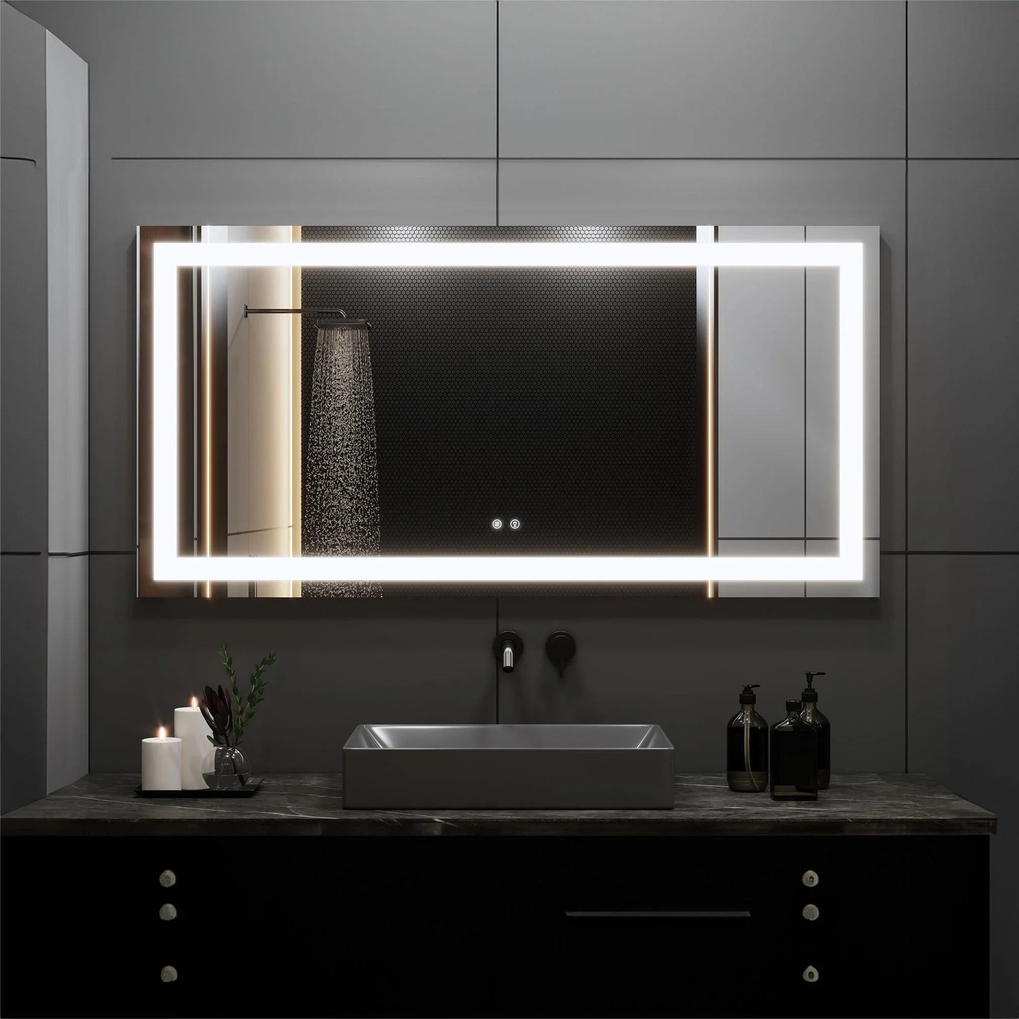 60" x 30" Professional LED Bathroom Mirror with Four-Sided Frost Lighting - Studio-Grade Anti-Fog Mirror with 5185 Lumens, 80+ CRI Color Accuracy, Touch Dimming Control & Advanced Light Guide Technology-Migration_Mirrors-DECOROLALA