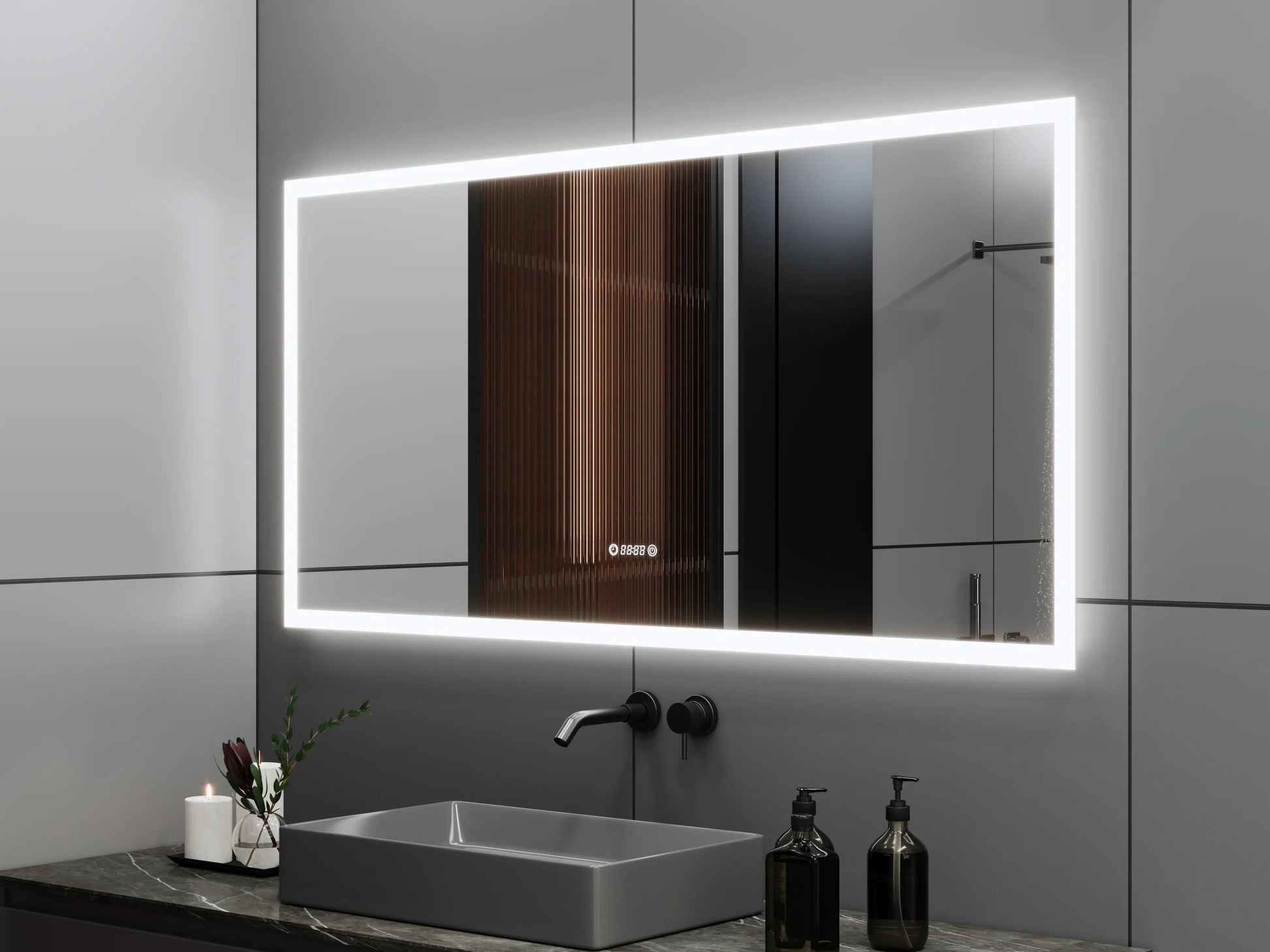 60" x 30" Smart LED Bathroom Mirror with Digital Time & Temperature Display - Professional Anti-Fog Mirror with Dual Color Temperature (3000K/6000K), Touch Dimming Control & 5mm Copper-Free Silver Glass-Migration_Mirrors-DECOROLALA