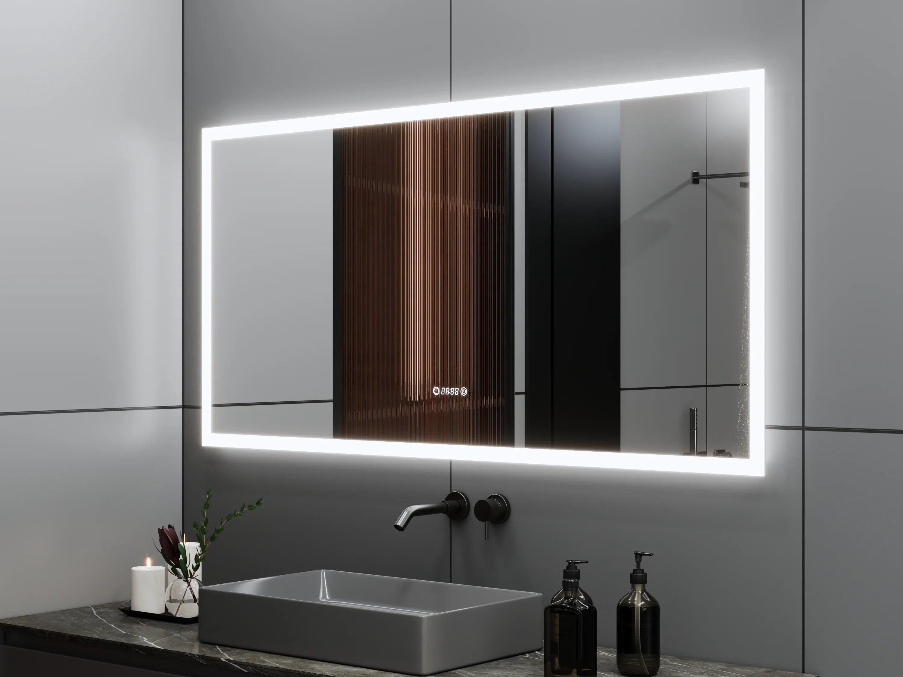 60" x 30" Smart LED Bathroom Mirror with Digital Time & Temperature Display - Professional Anti-Fog Mirror with Dual Color Temperature (3000K/6000K), Touch Dimming Control & 5mm Copper-Free Silver Glass-Migration_Mirrors-DECOROLALA