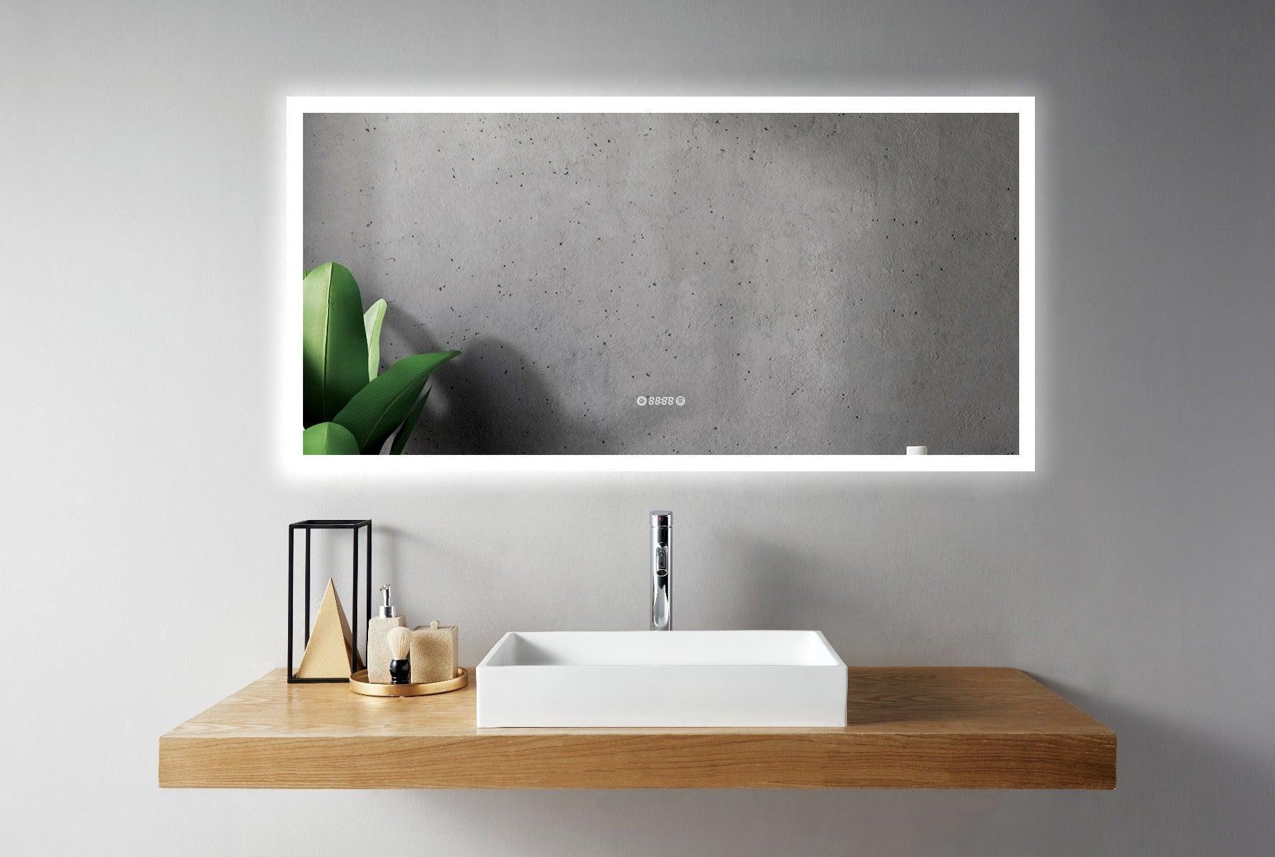 60" x 30" Smart LED Bathroom Mirror with Digital Time & Temperature Display - Professional Anti-Fog Mirror with Dual Color Temperature (3000K/6000K), Touch Dimming Control & 5mm Copper-Free Silver Glass-Migration_Mirrors-DECOROLALA
