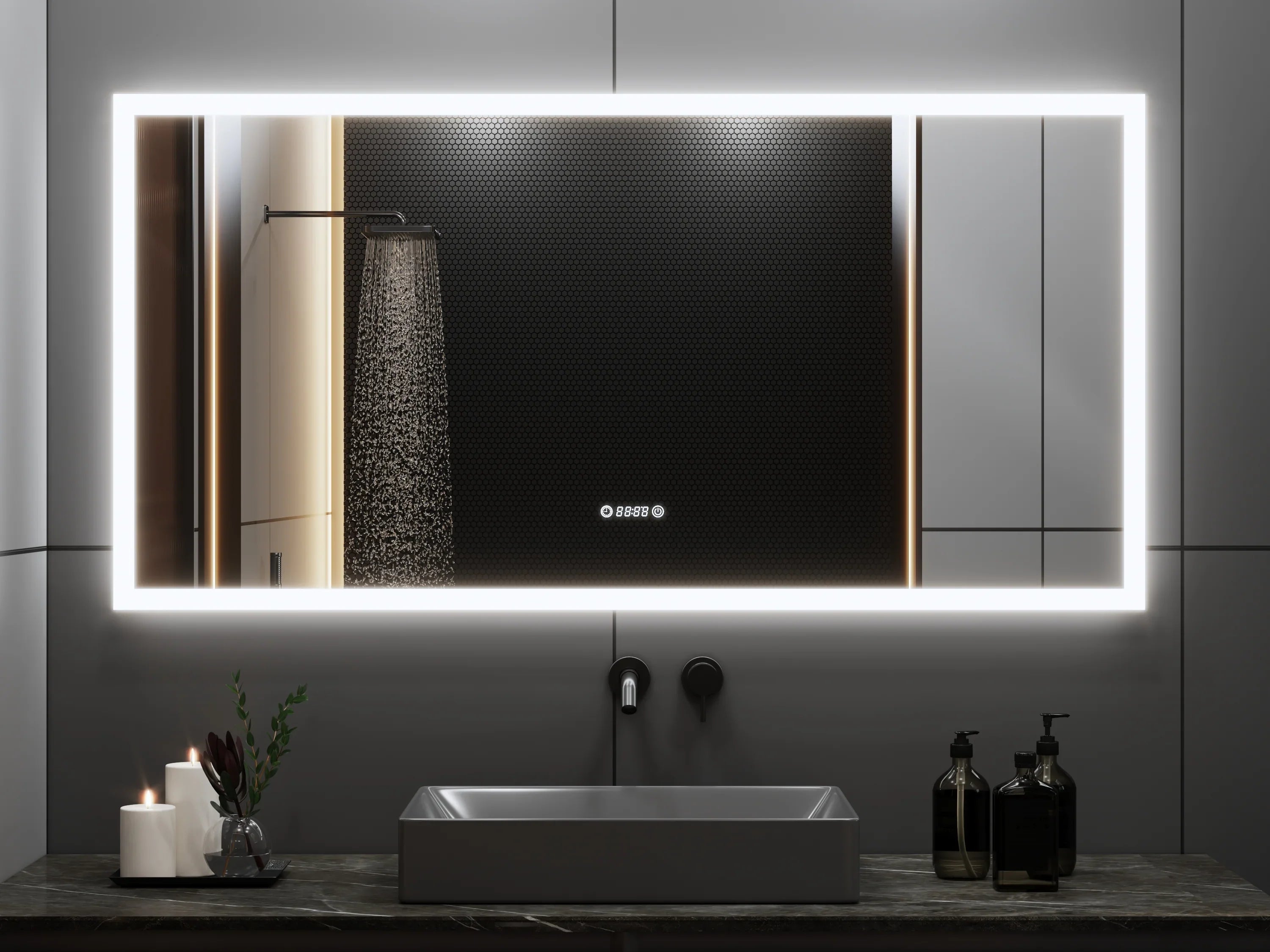 60" x 30" Smart LED Bathroom Mirror with Digital Time & Temperature Display - Professional Anti-Fog Mirror with Dual Color Temperature (3000K/6000K), Touch Dimming Control & 5mm Copper-Free Silver Glass-Migration_Mirrors-DECOROLALA