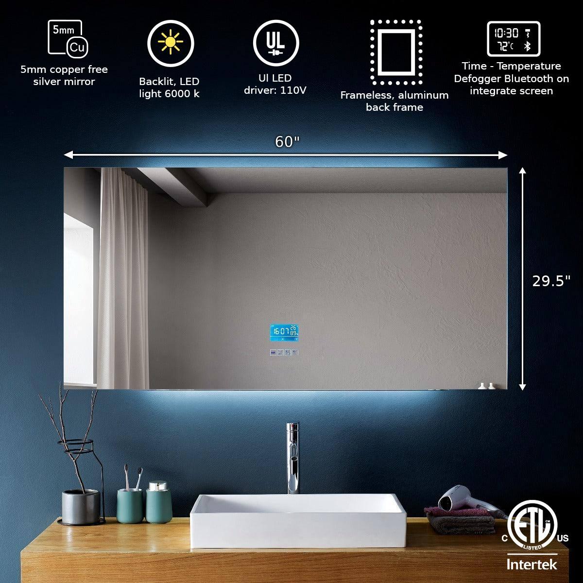 60" x 30" Smart LED Bathroom Mirror with Touch Screen Display - Bluetooth Mirror with Built-in Speakers, Automatic Anti-Fog Technology, Energy-Saving Lighting & Frameless Design-Migration_Mirrors-DECOROLALA