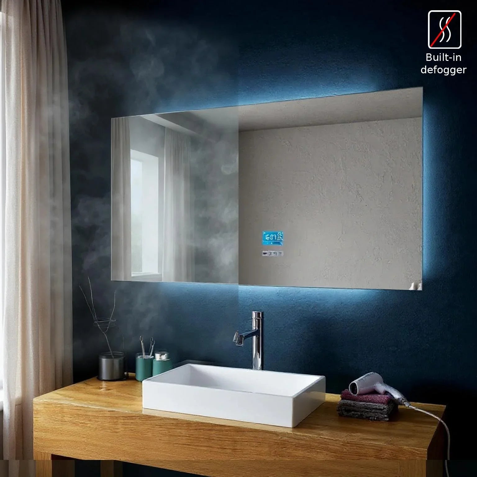 60" x 30" Smart LED Bathroom Mirror with Touch Screen Display - Bluetooth Mirror with Built-in Speakers, Automatic Anti-Fog Technology, Energy-Saving Lighting & Frameless Design-Migration_Mirrors-DECOROLALA