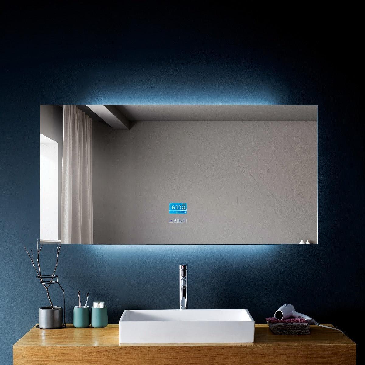 60" x 30" Smart LED Bathroom Mirror with Touch Screen Display - Bluetooth Mirror with Built-in Speakers, Automatic Anti-Fog Technology, Energy-Saving Lighting & Frameless Design-Migration_Mirrors-DECOROLALA
