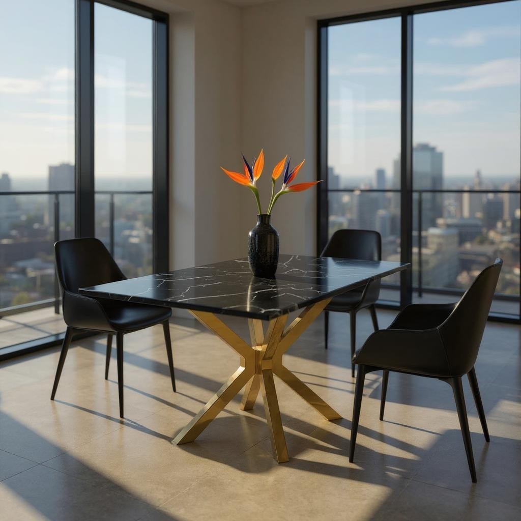 79" Black and Gold Marble and Metal Cross Leg Base Dining Table-Dining Tables-DECOROLALA