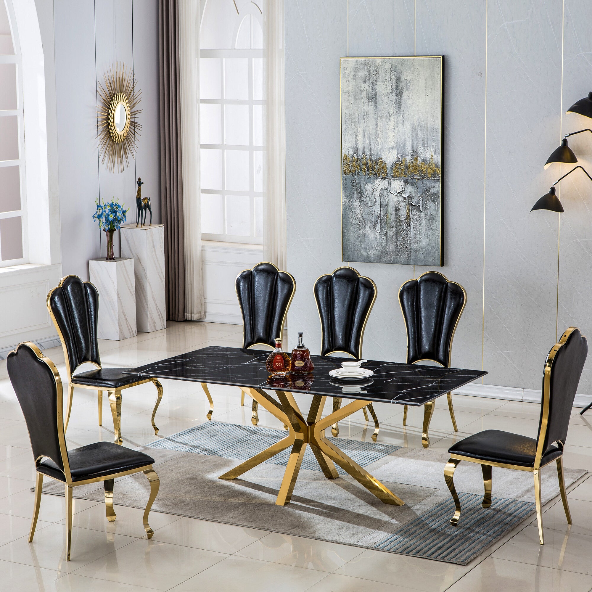 79" Black and Gold Marble and Metal Cross Leg Base Dining Table-Dining Tables-DECOROLALA