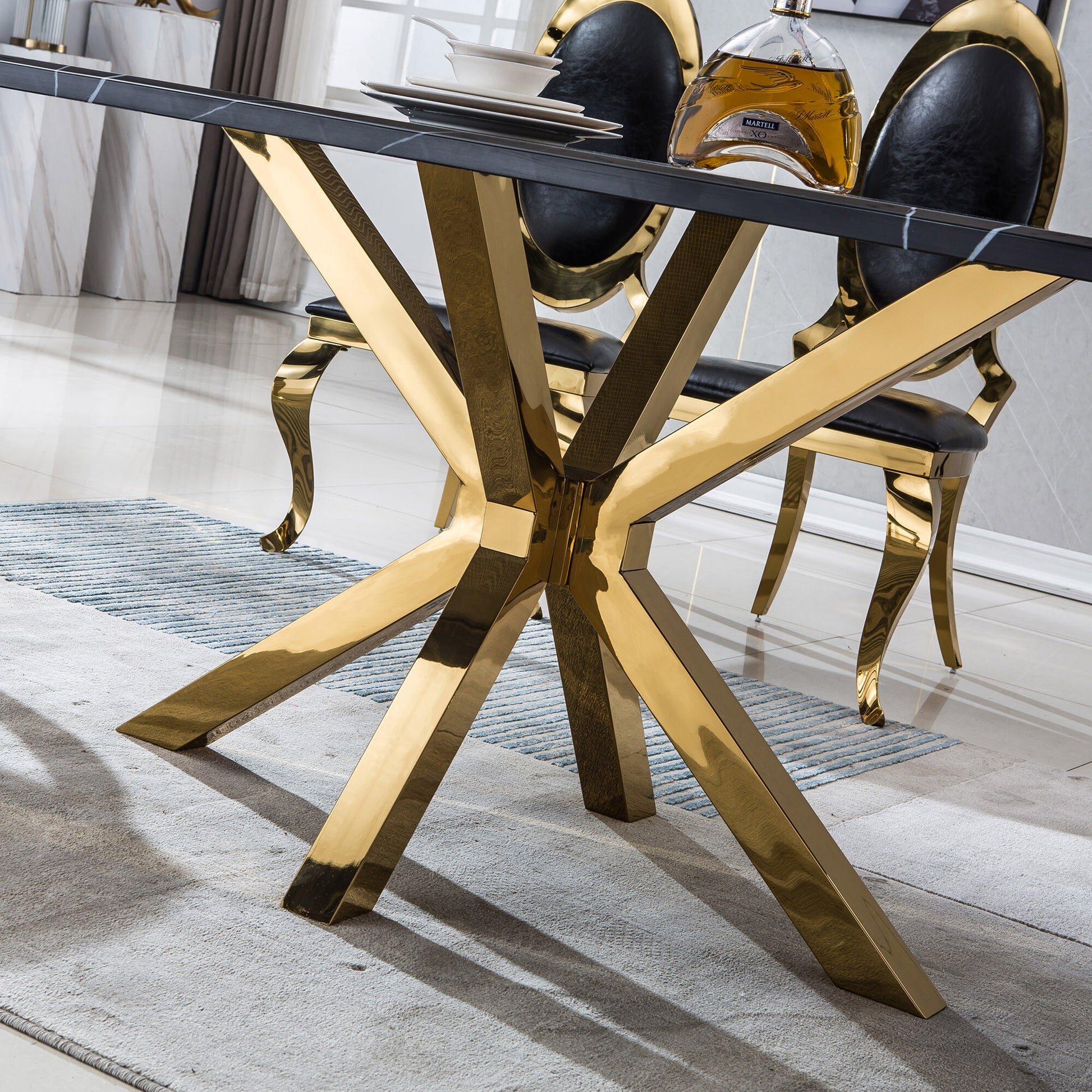 79" Black and Gold Marble and Metal Cross Leg Base Dining Table-Dining Tables-DECOROLALA