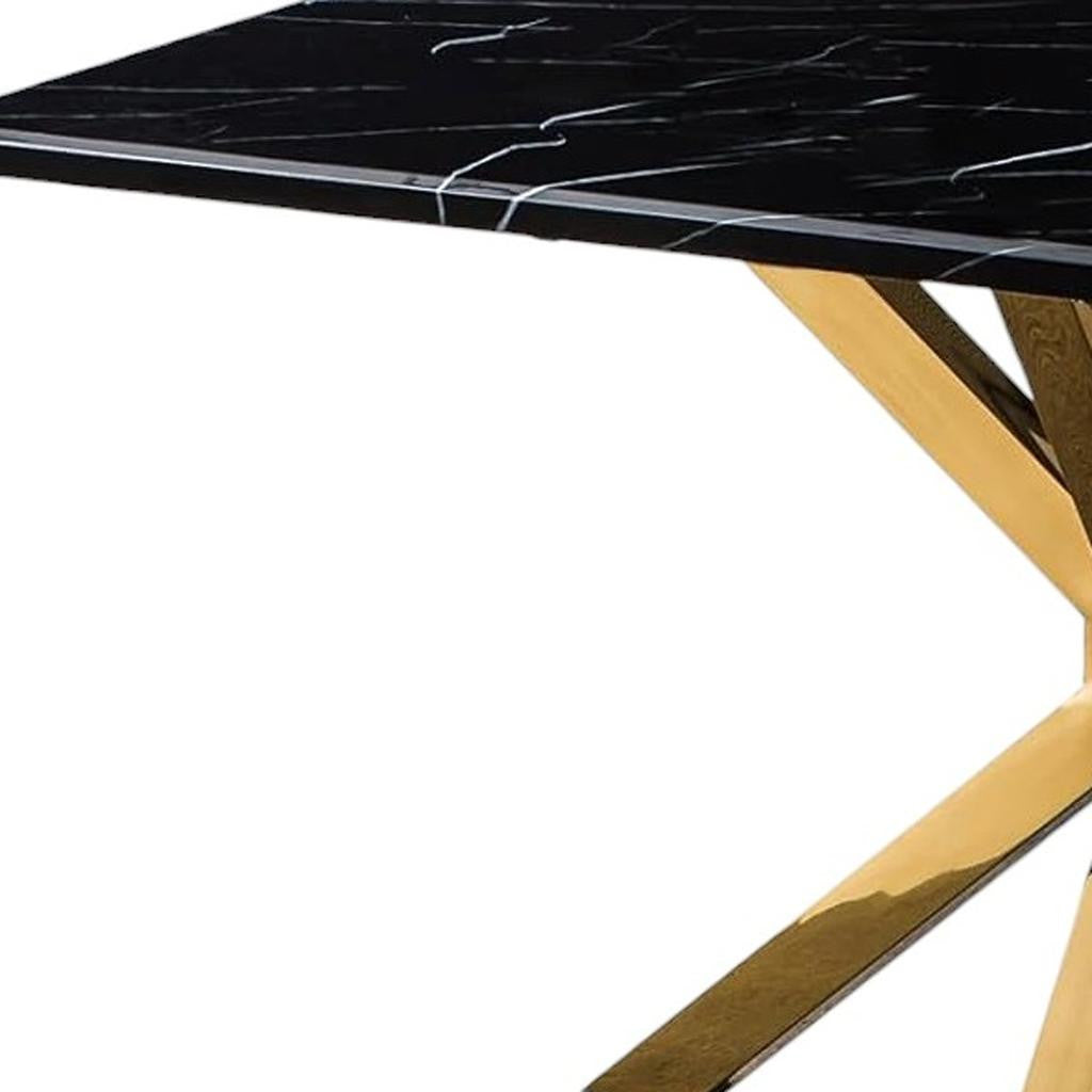79" Black and Gold Marble and Metal Cross Leg Base Dining Table-Dining Tables-DECOROLALA