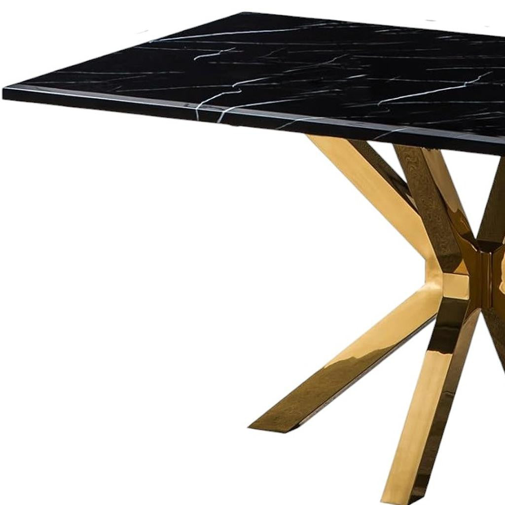 79" Black and Gold Marble and Metal Cross Leg Base Dining Table-Dining Tables-DECOROLALA