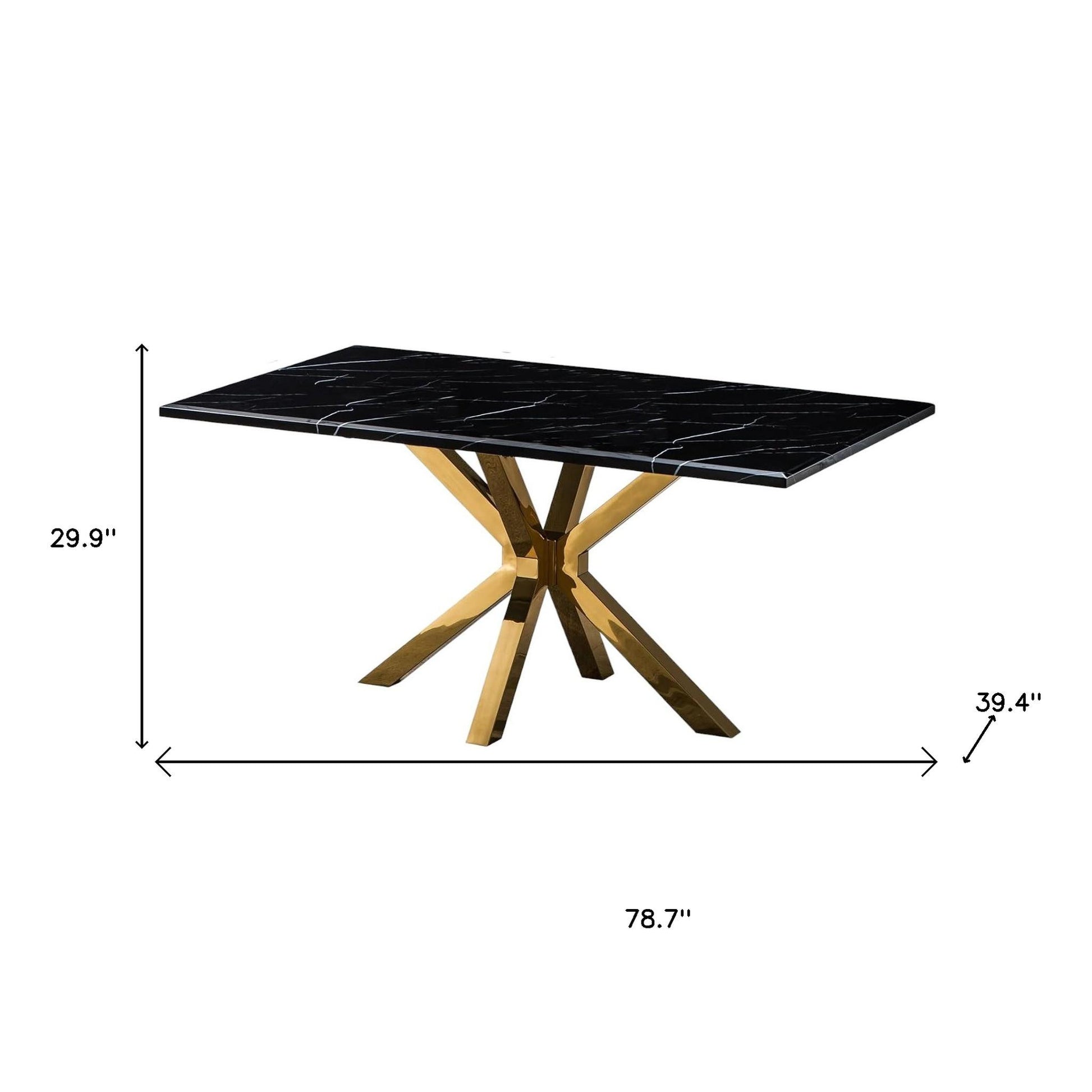 79" Black and Gold Marble and Metal Cross Leg Base Dining Table-Dining Tables-DECOROLALA