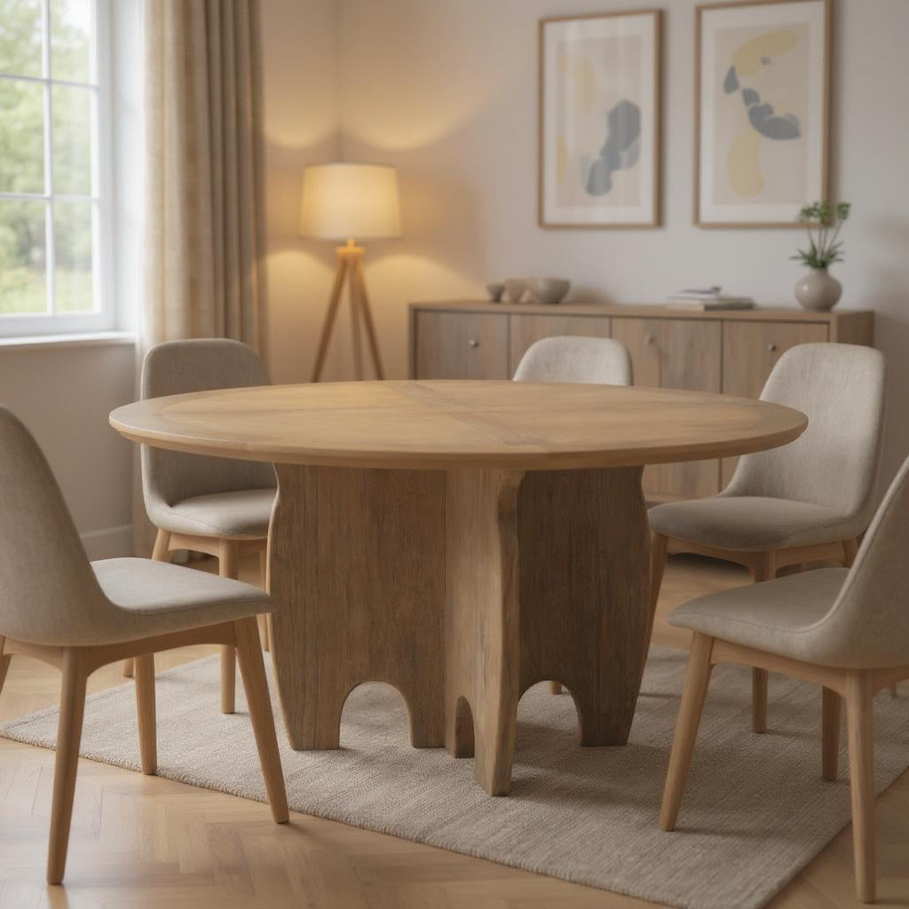 59" Brown Solid Wood Pedestal Base Round Top Dining Table-Dining Tables-DECOROLALA