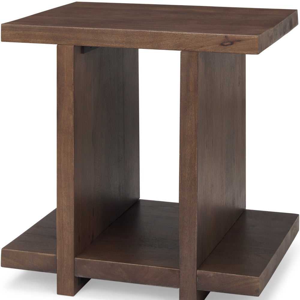 22" Brown Solid Wood Sled End Table With Shelf-End-Side Tables-DECOROLALA