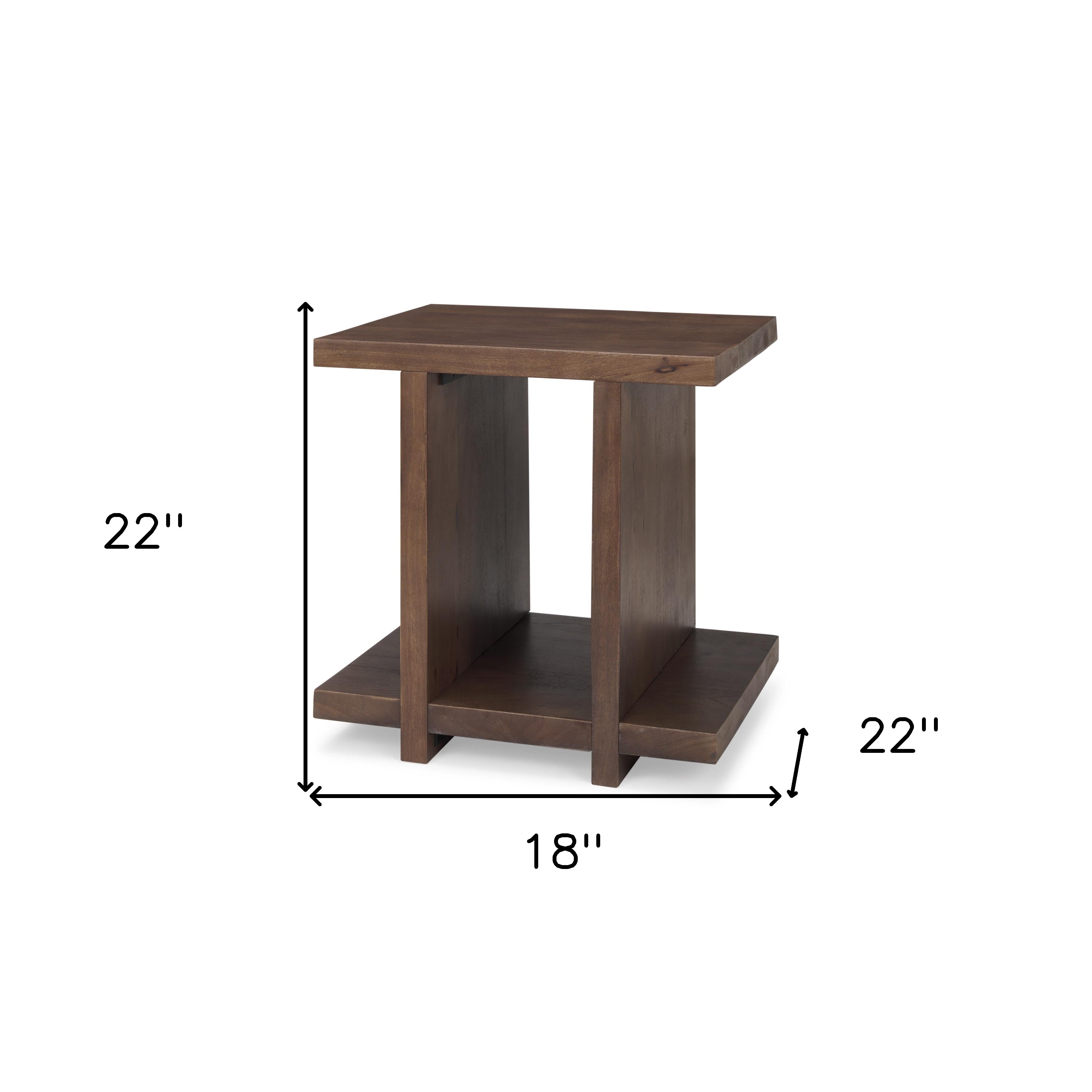 22" Brown Solid Wood Sled End Table With Shelf-End-Side Tables-DECOROLALA