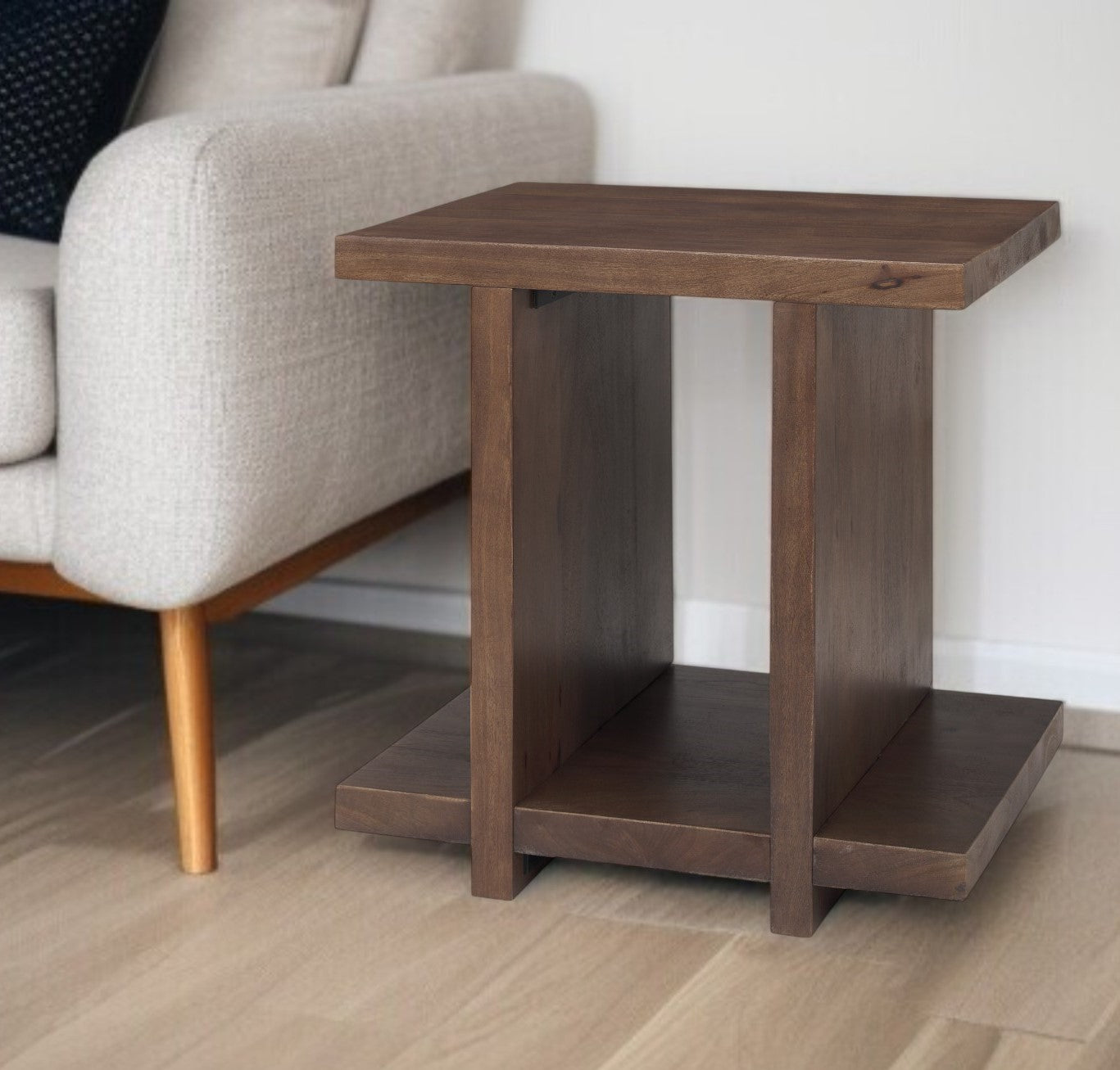 22" Brown Solid Wood Sled End Table With Shelf-End-Side Tables-DECOROLALA