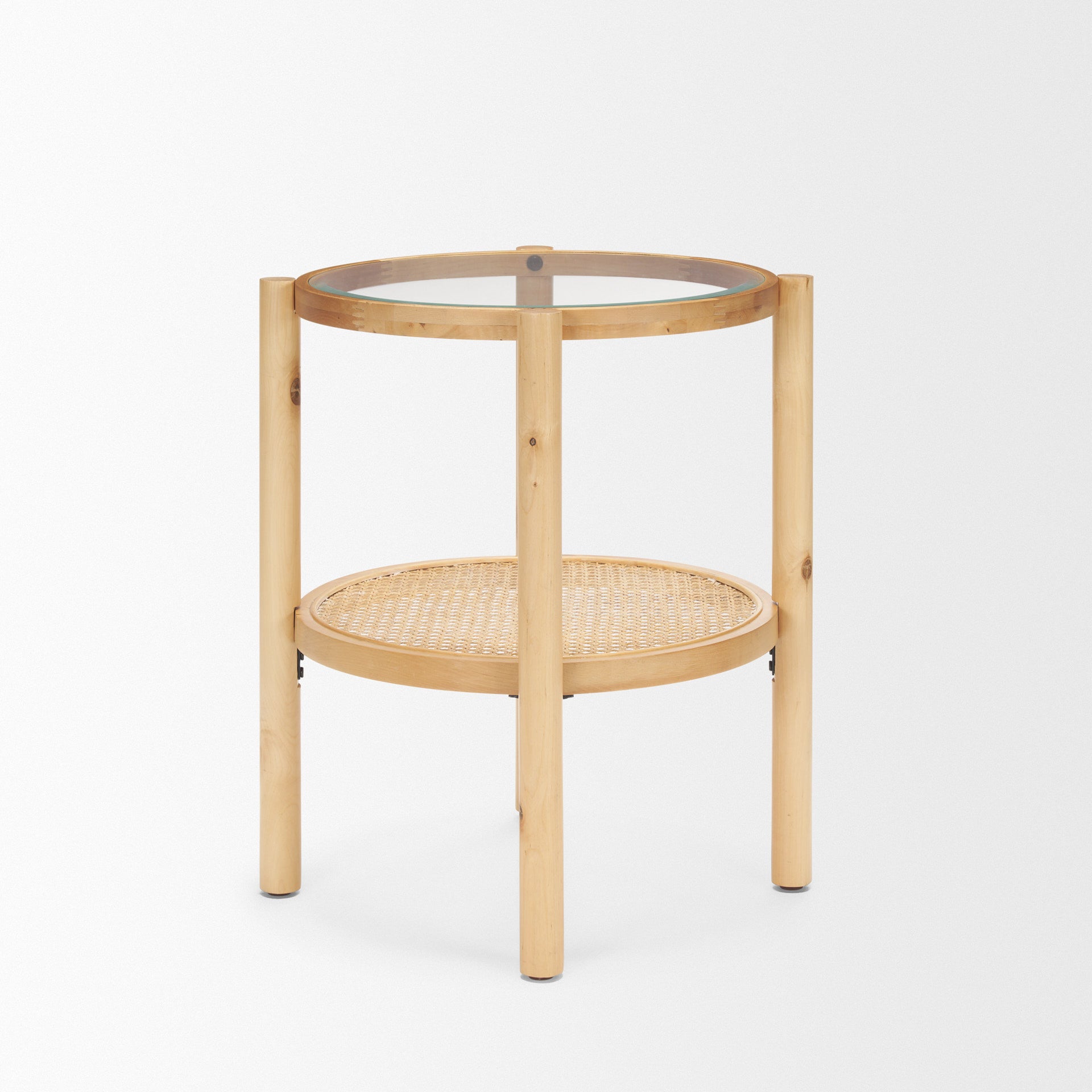 24" Clear and Light Brown Glass and Solid Wood Round End Table With Shelf-End-Side Tables-DECOROLALA