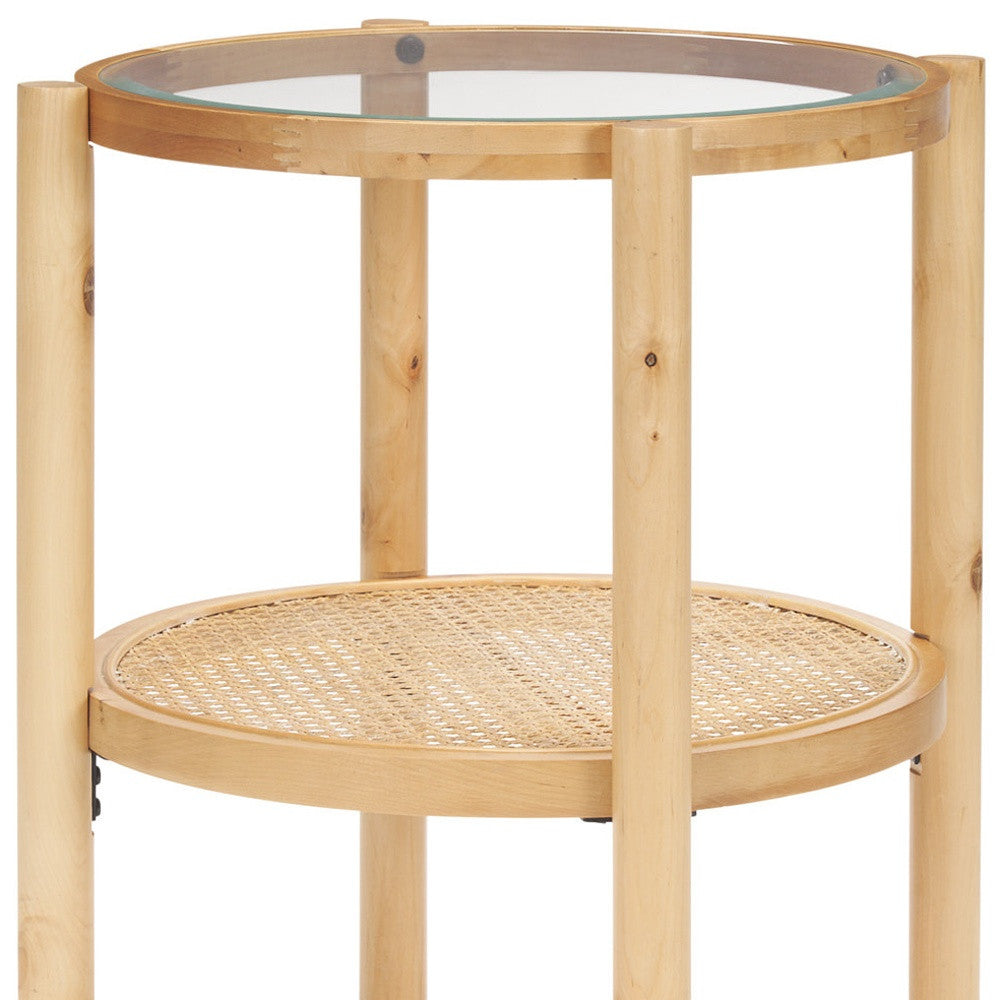 24" Clear and Light Brown Glass and Solid Wood Round End Table With Shelf-End-Side Tables-DECOROLALA