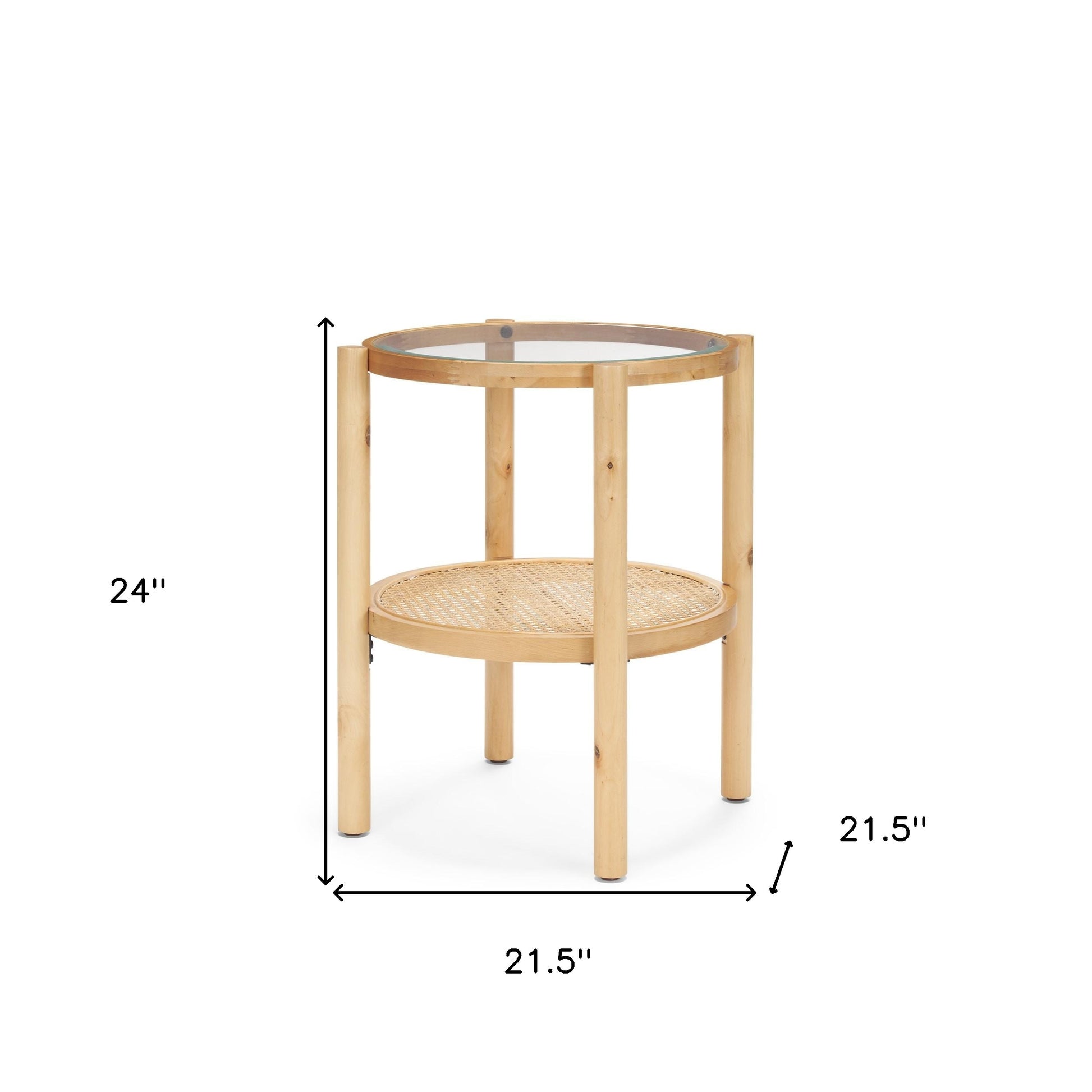 24" Clear and Light Brown Glass and Solid Wood Round End Table With Shelf-End-Side Tables-DECOROLALA