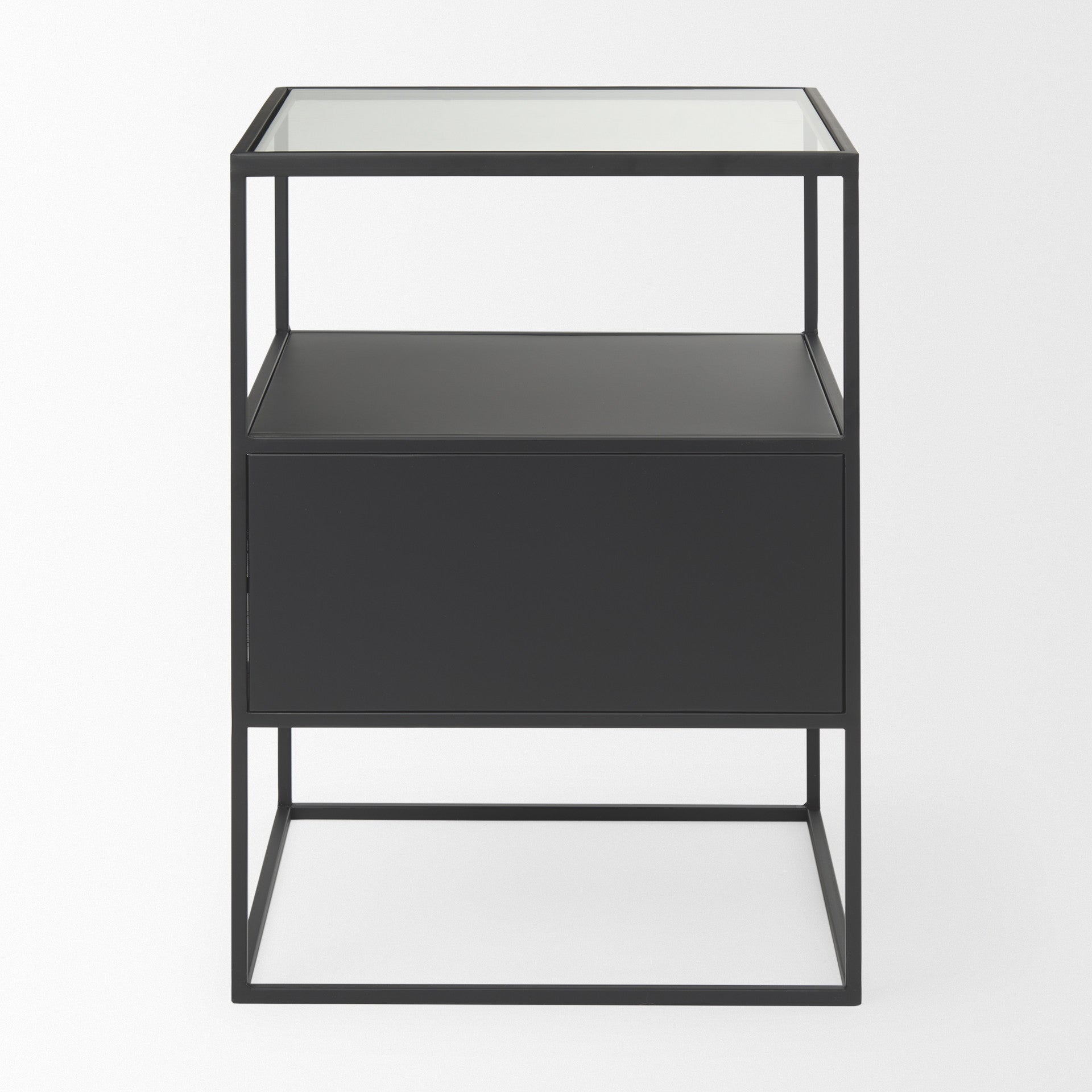 21" Clear and Black Glass and Metal Square Frame End Table With Two Shelves-3