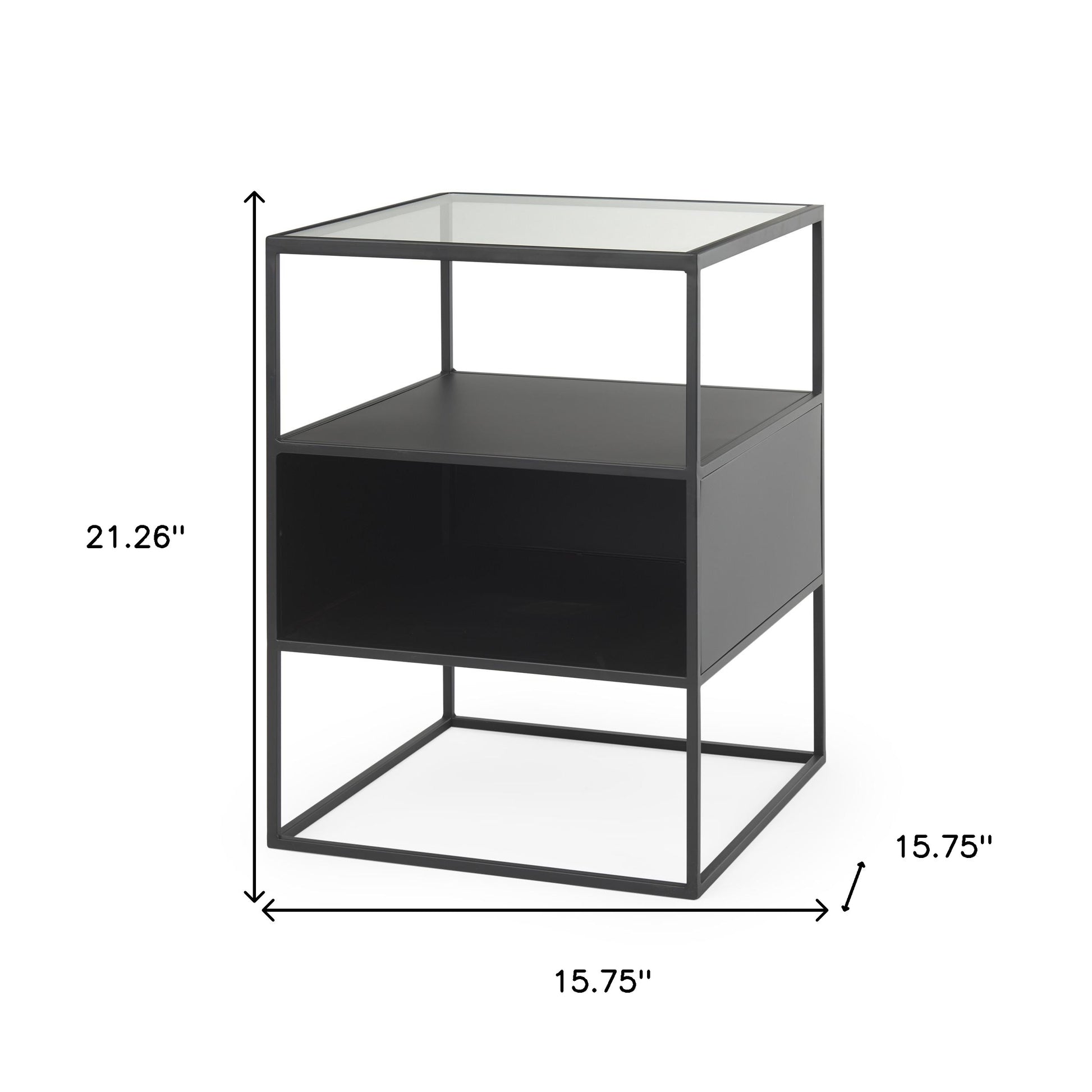21" Clear and Black Glass and Metal Square Frame End Table With Two Shelves-6