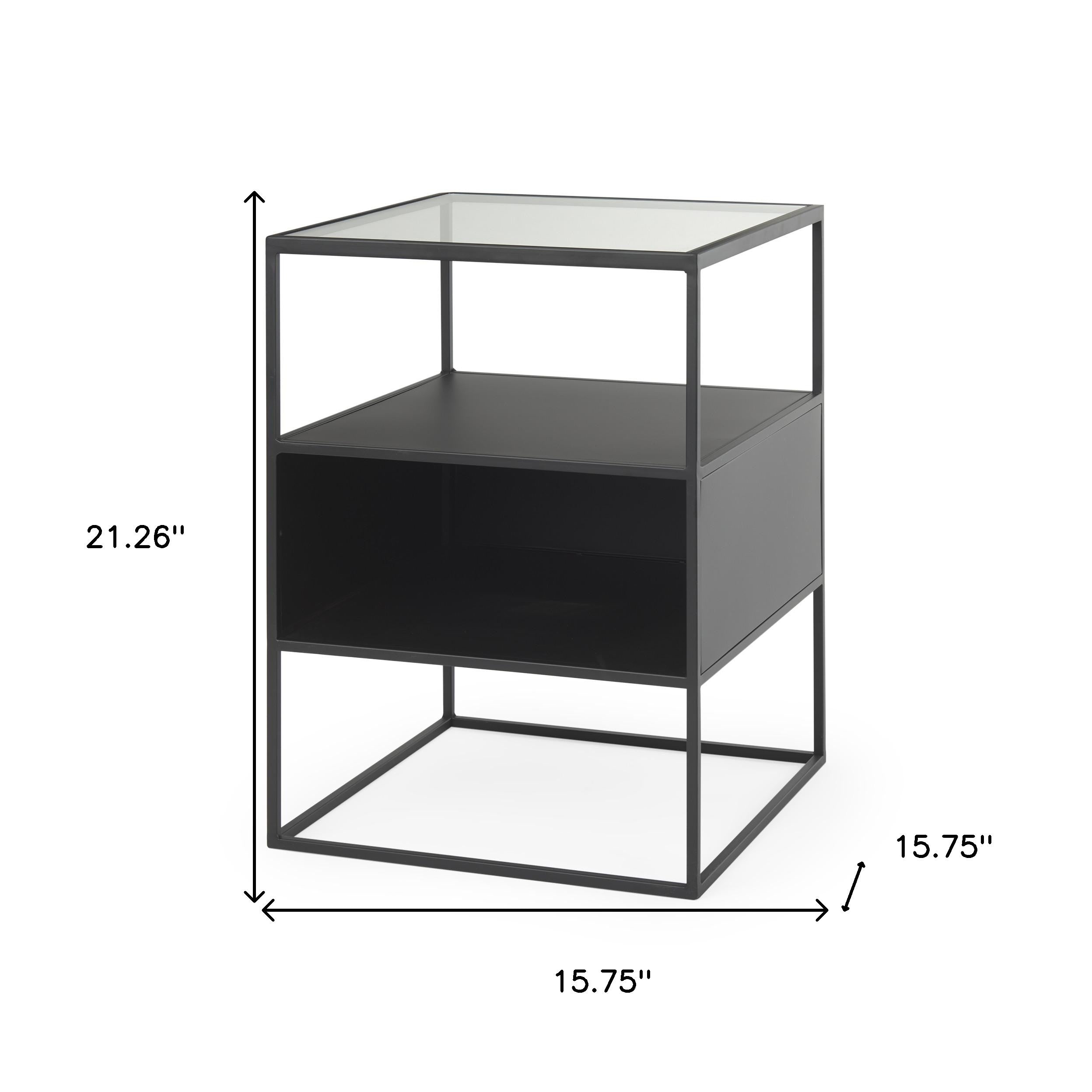 21" Clear and Black Glass and Metal Square Frame End Table With Two Shelves-6