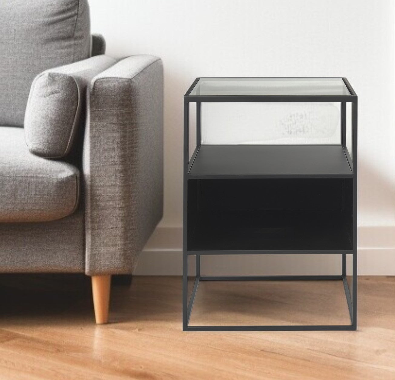 21" Clear and Black Glass and Metal Square Frame End Table With Two Shelves-0