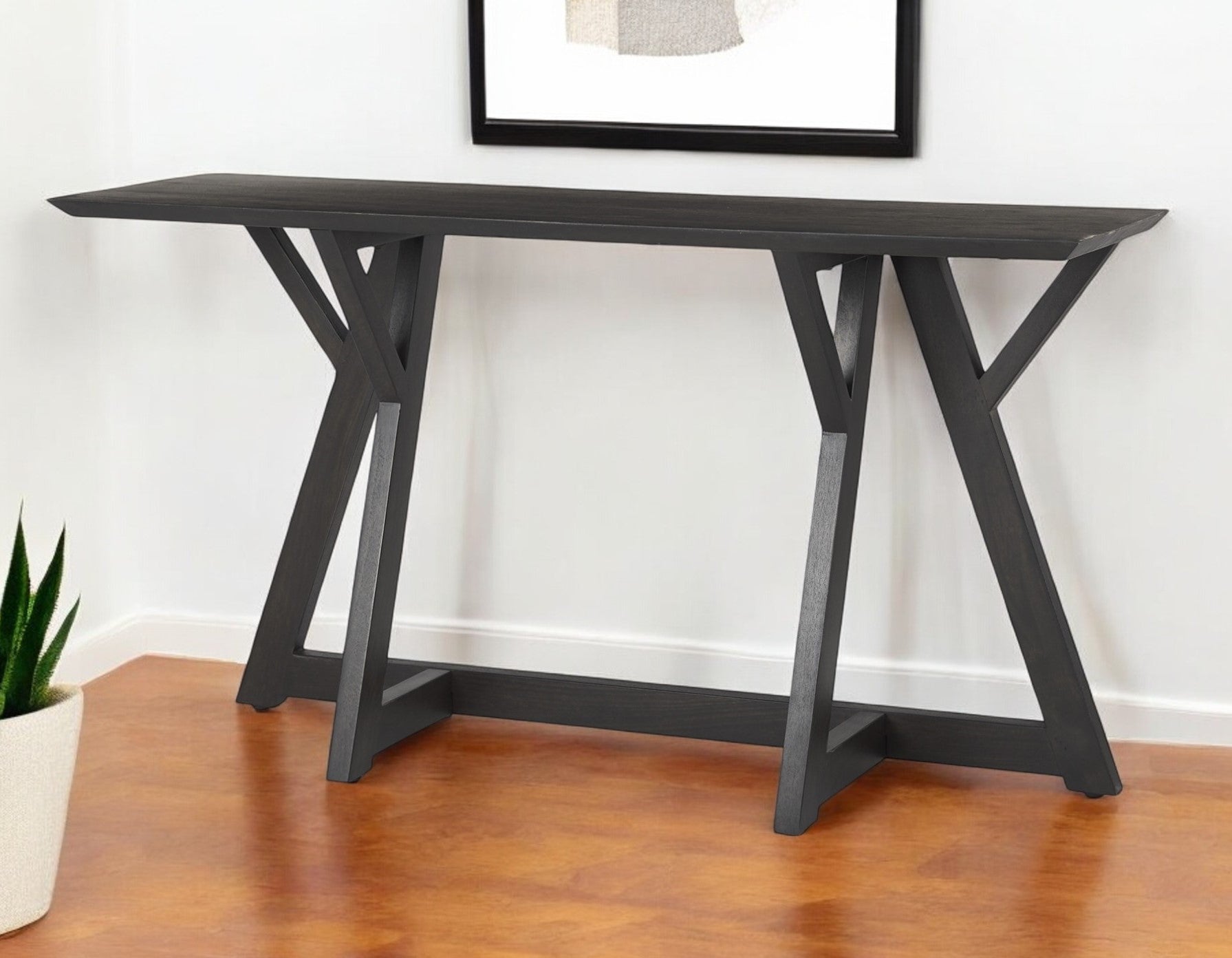 54" Brown Solid Wood Trestle Console Table-Console Tables-DECOROLALA