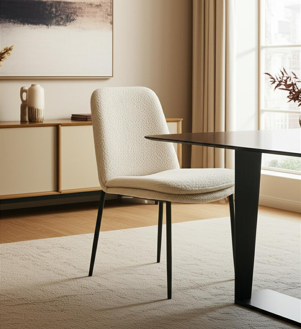Cream and Black Upholstered Boucle And Metal Dining Side Chair-Dining Chairs-DECOROLALA