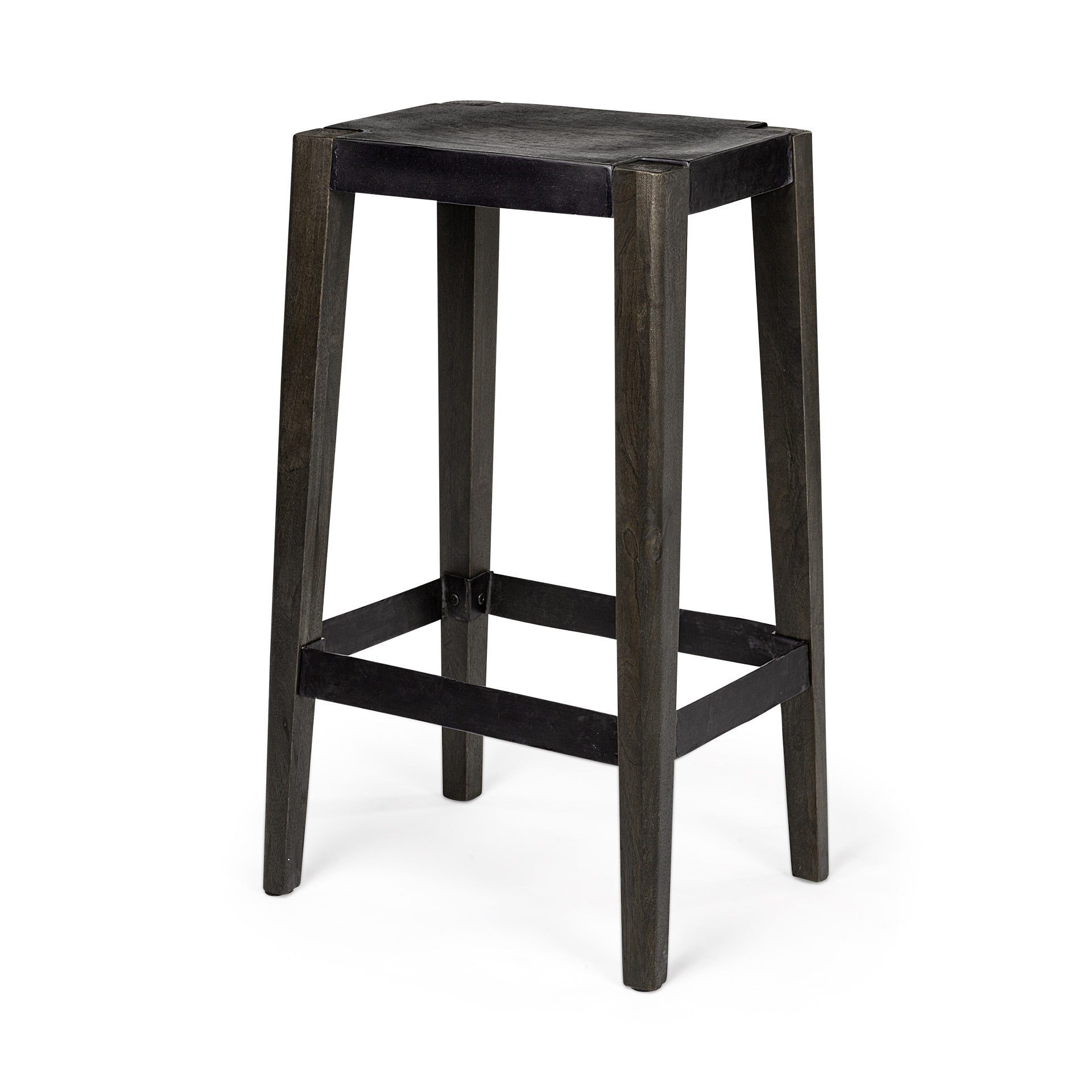 30" Black Iron and Solid Wood Backless Bar Height Bar Chair-1