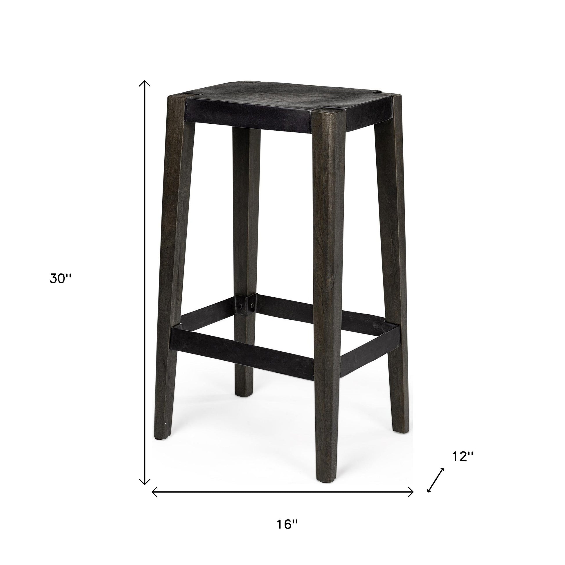 30" Black Iron and Solid Wood Backless Bar Height Bar Chair-4