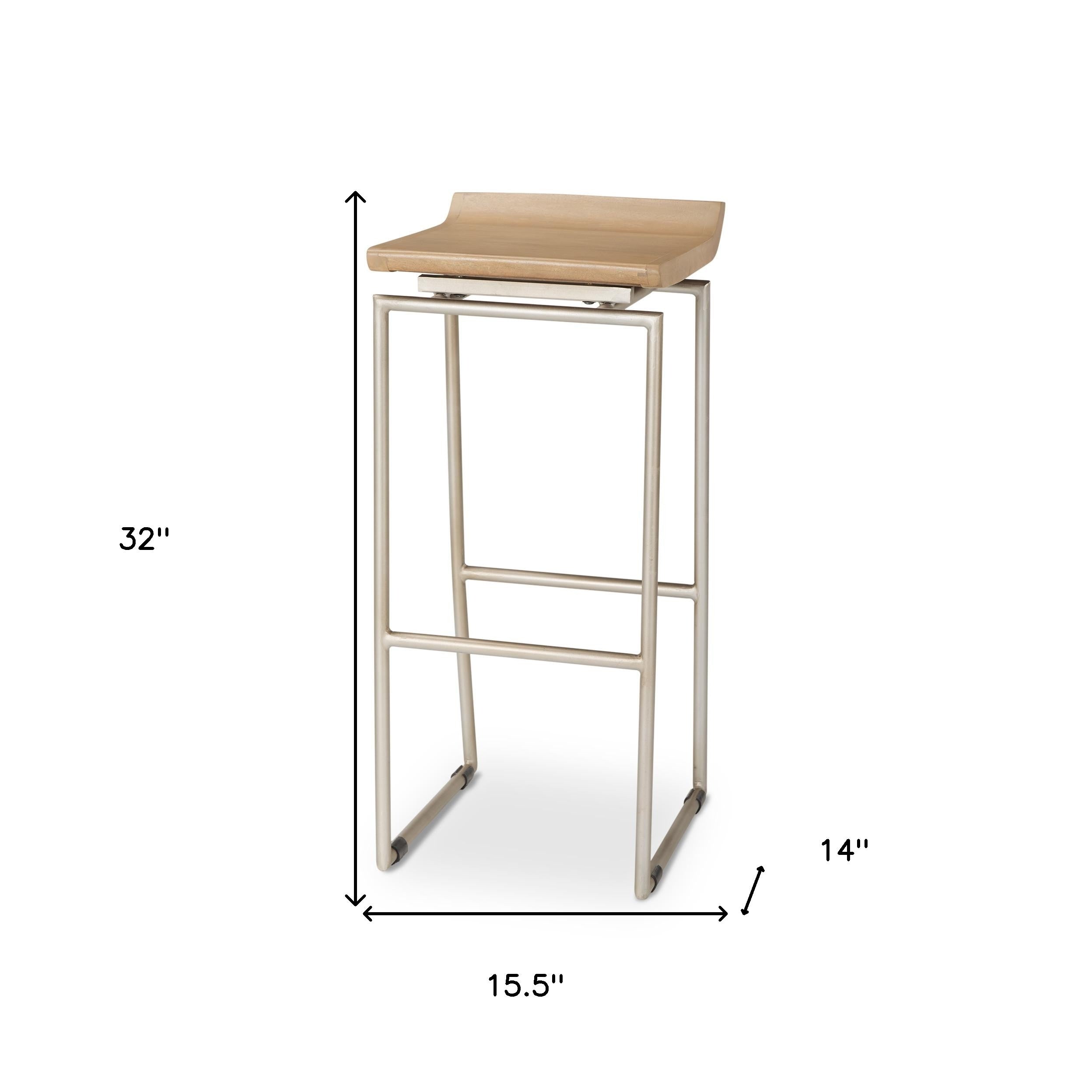 31" Natural and Silver Solid Wood and Iron Low Back Bar Height Bar Chair-4