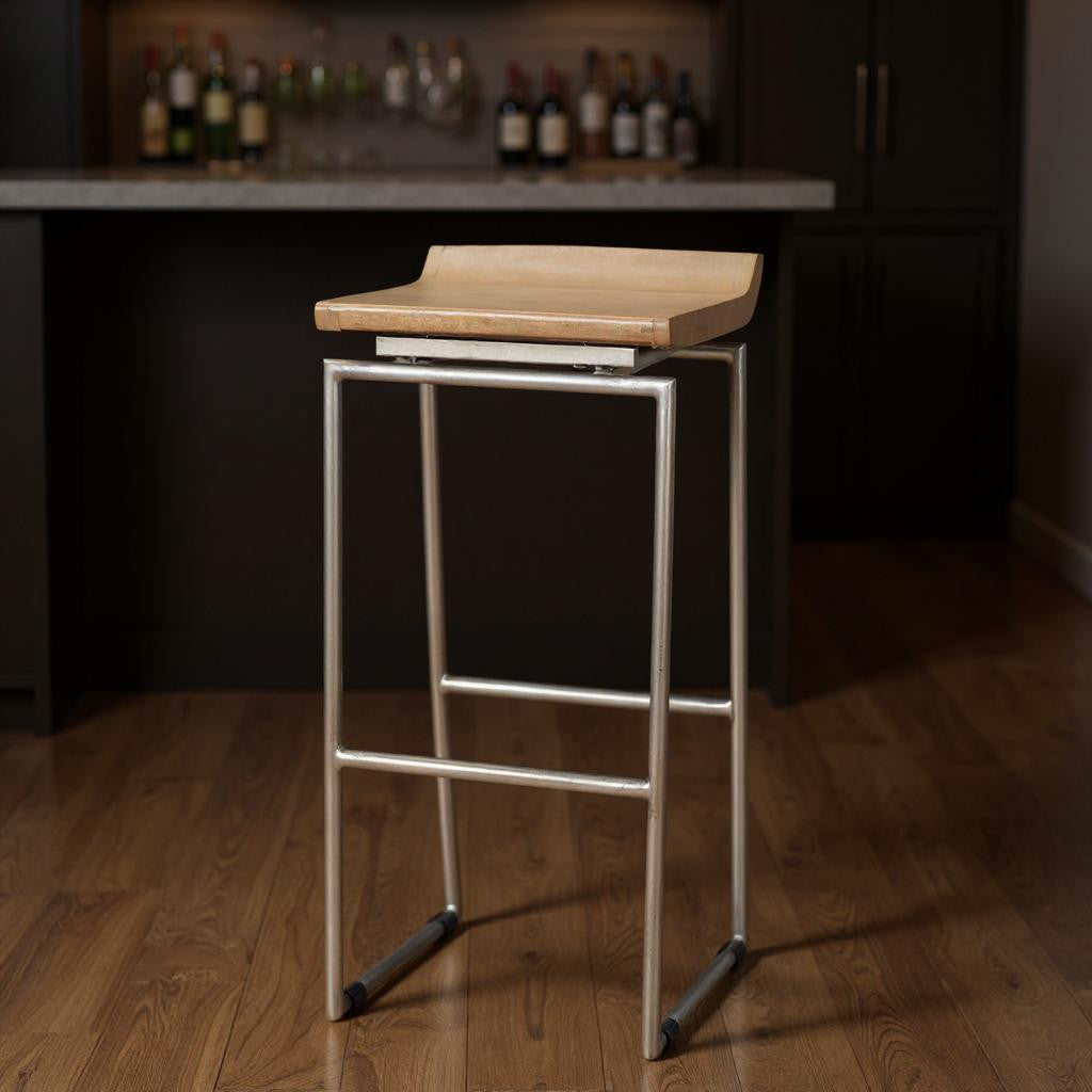 31" Natural and Silver Solid Wood and Iron Low Back Bar Height Bar Chair-0