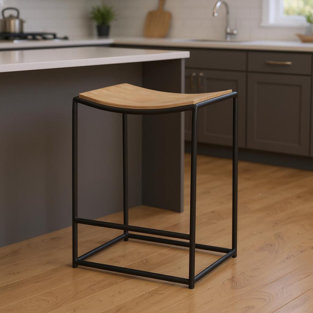 26" Natural and Black Solid Wood and Iron Backless Counter Height Bar Chair-0