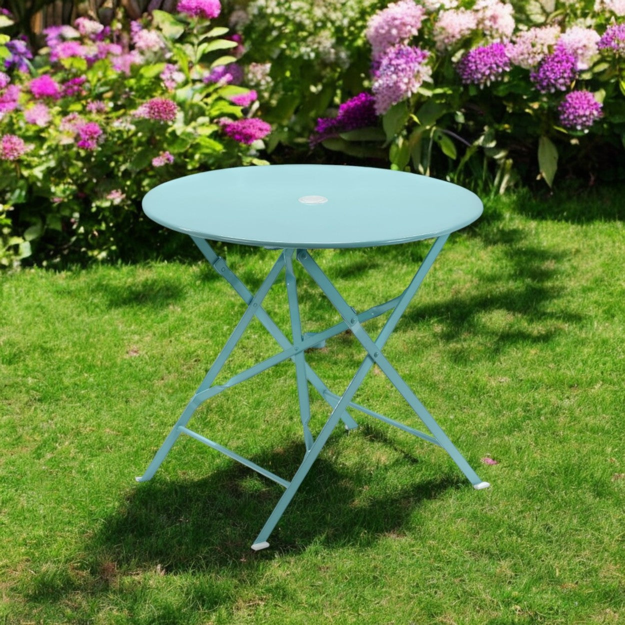 30" Aqua Rounded Aluminum Folding Outdoor Bistro Table with Umbrella Hole-Outdoor Tables-DECOROLALA