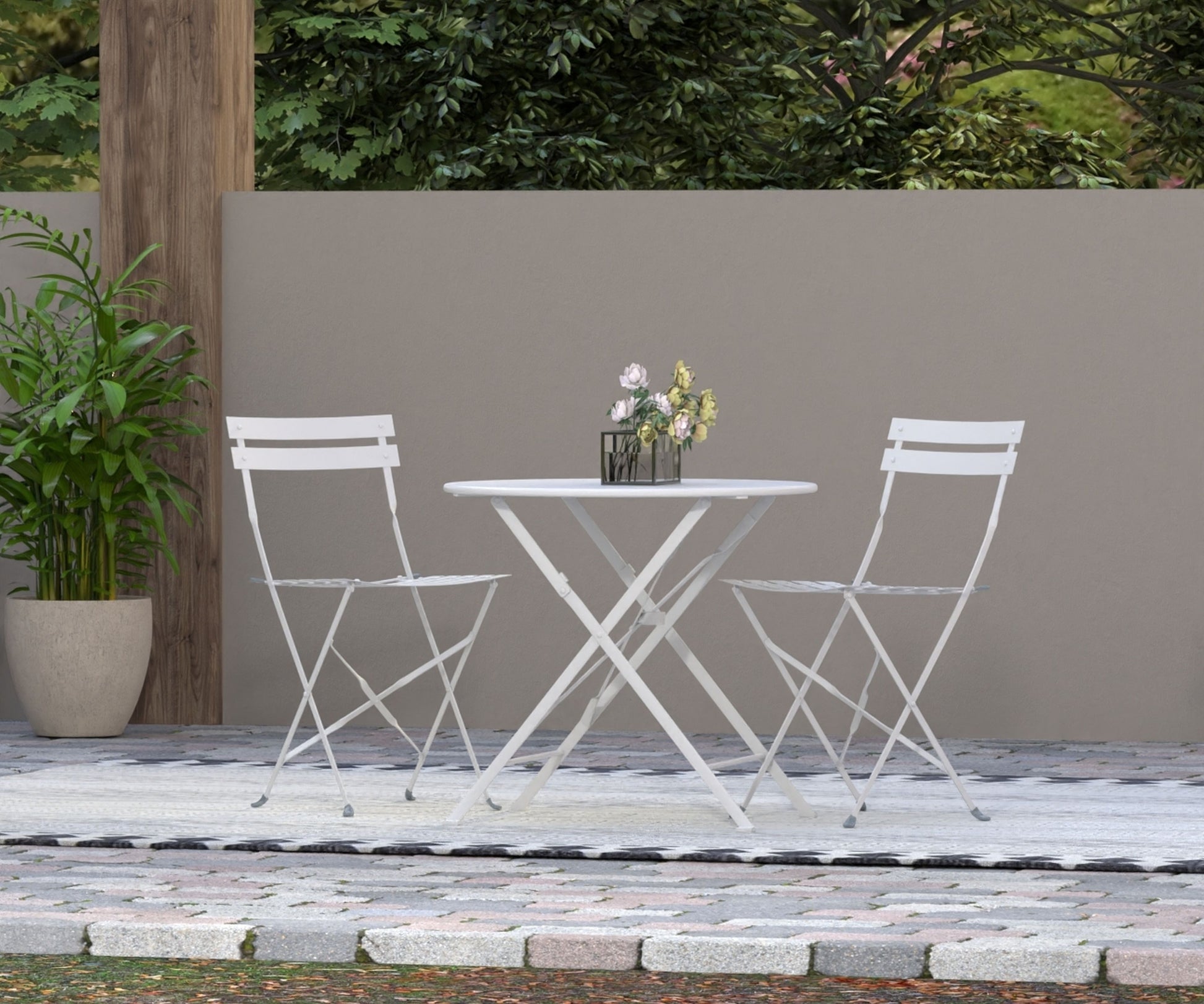 30" White Rounded Aluminum Folding Outdoor Bistro Table with Umbrella Hole-Outdoor Tables-DECOROLALA